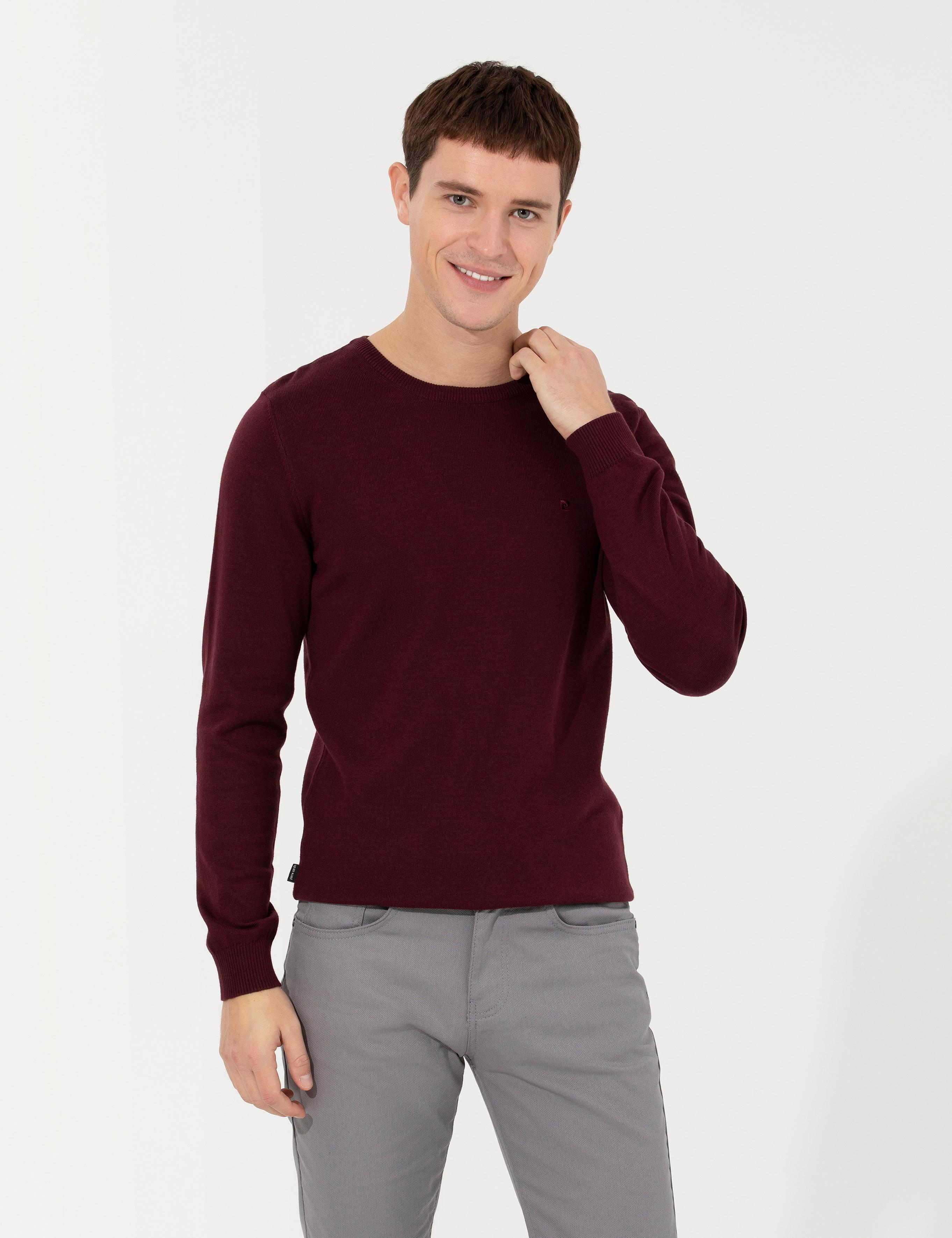 Bordo Slim Fit Bisiklet Yaka Basic Triko Kazak