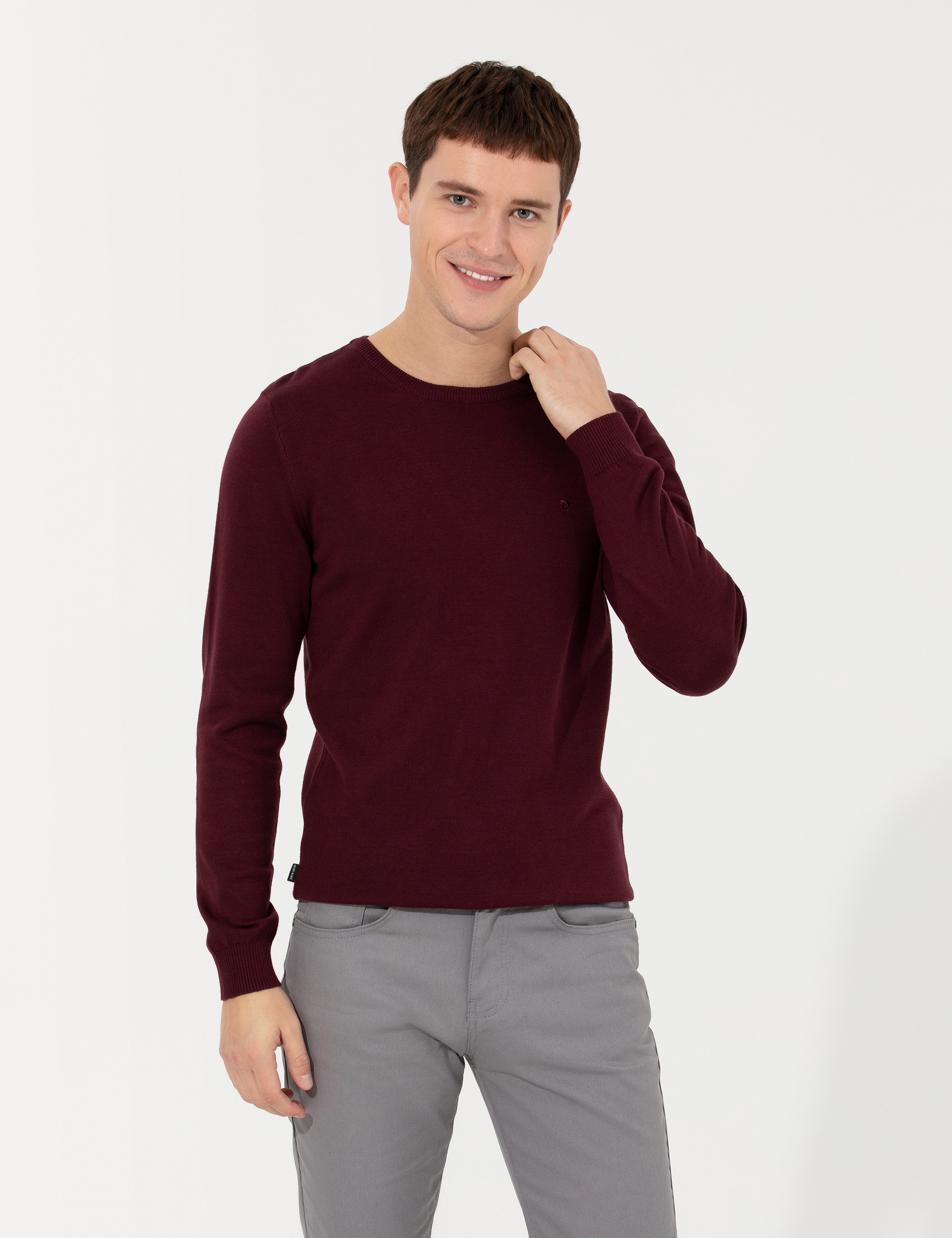 Bordo Slim Fit Bisiklet Yaka Basic Triko Kazak - Image 3
