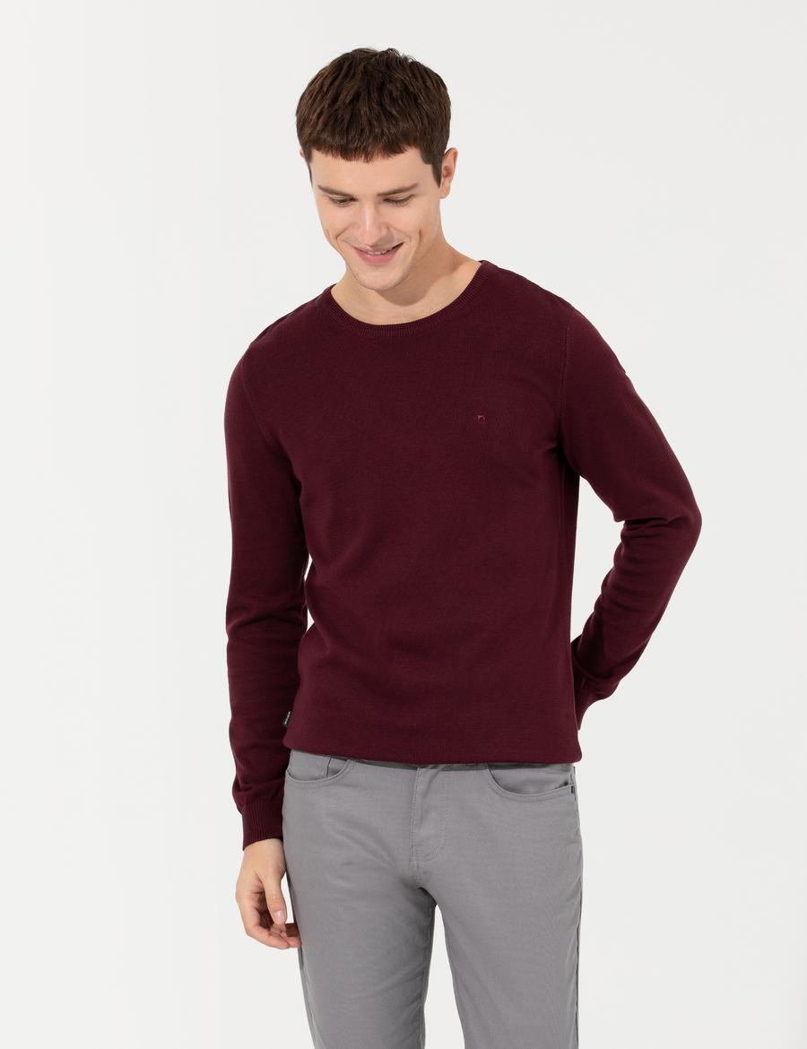 Bordo Slim Fit Bisiklet Yaka Basic Triko Kazak