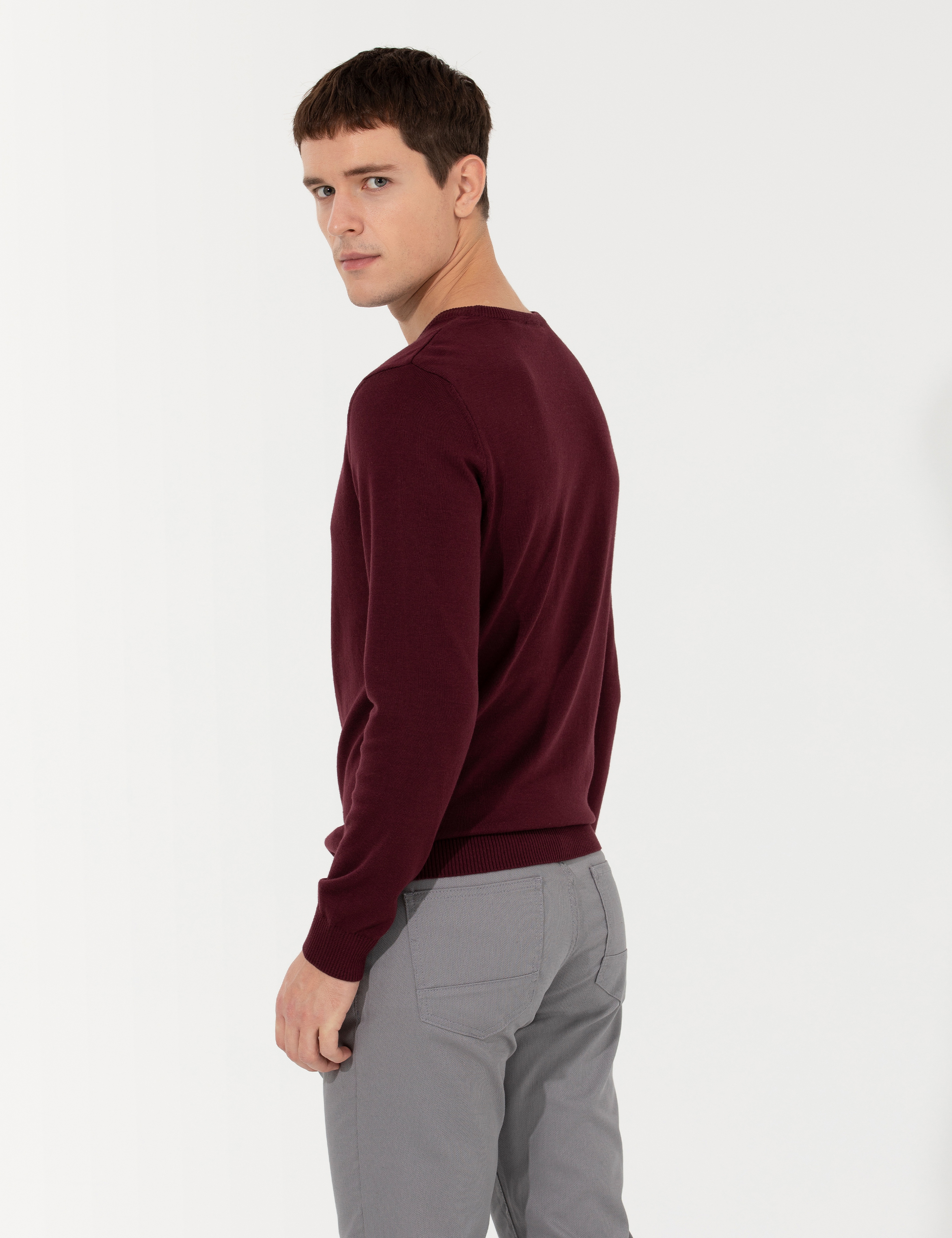 Bordo Slim Fit Bisiklet Yaka Basic Triko Kazak - Image 5