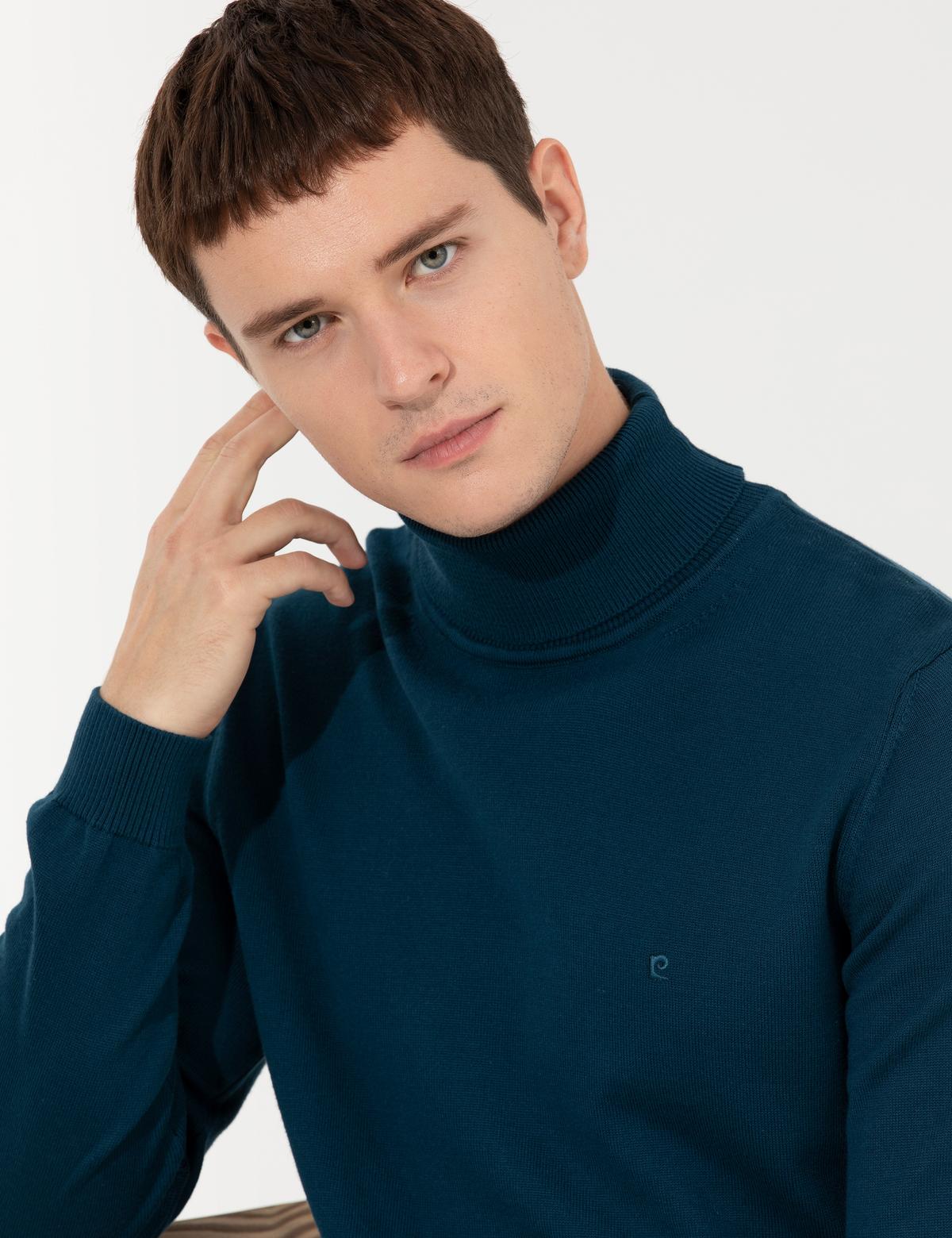 Petrol Slim Fit Balıkçı Yaka Basic Triko Kazak