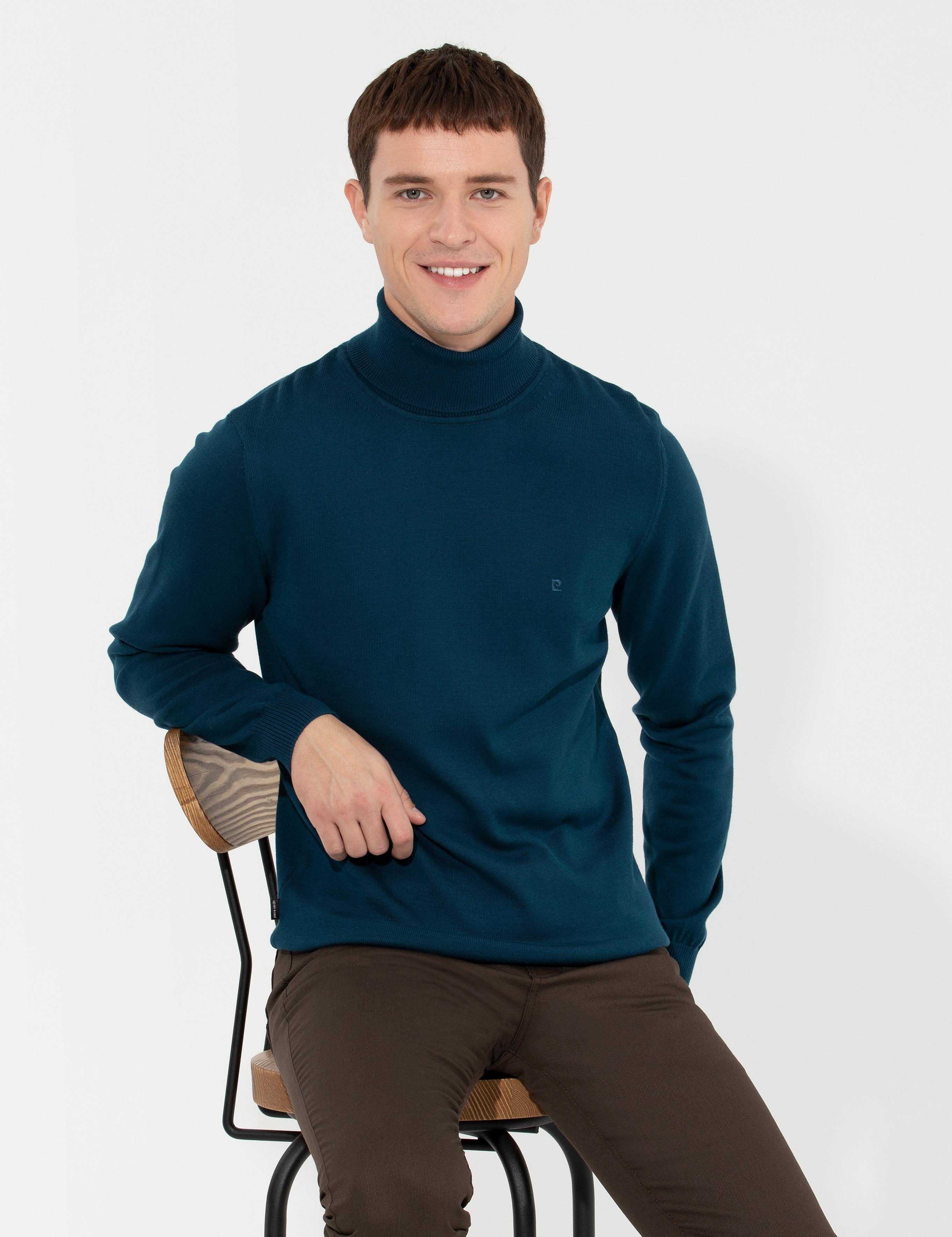 Petrol Slim Fit Balıkçı Yaka Basic Triko Kazak