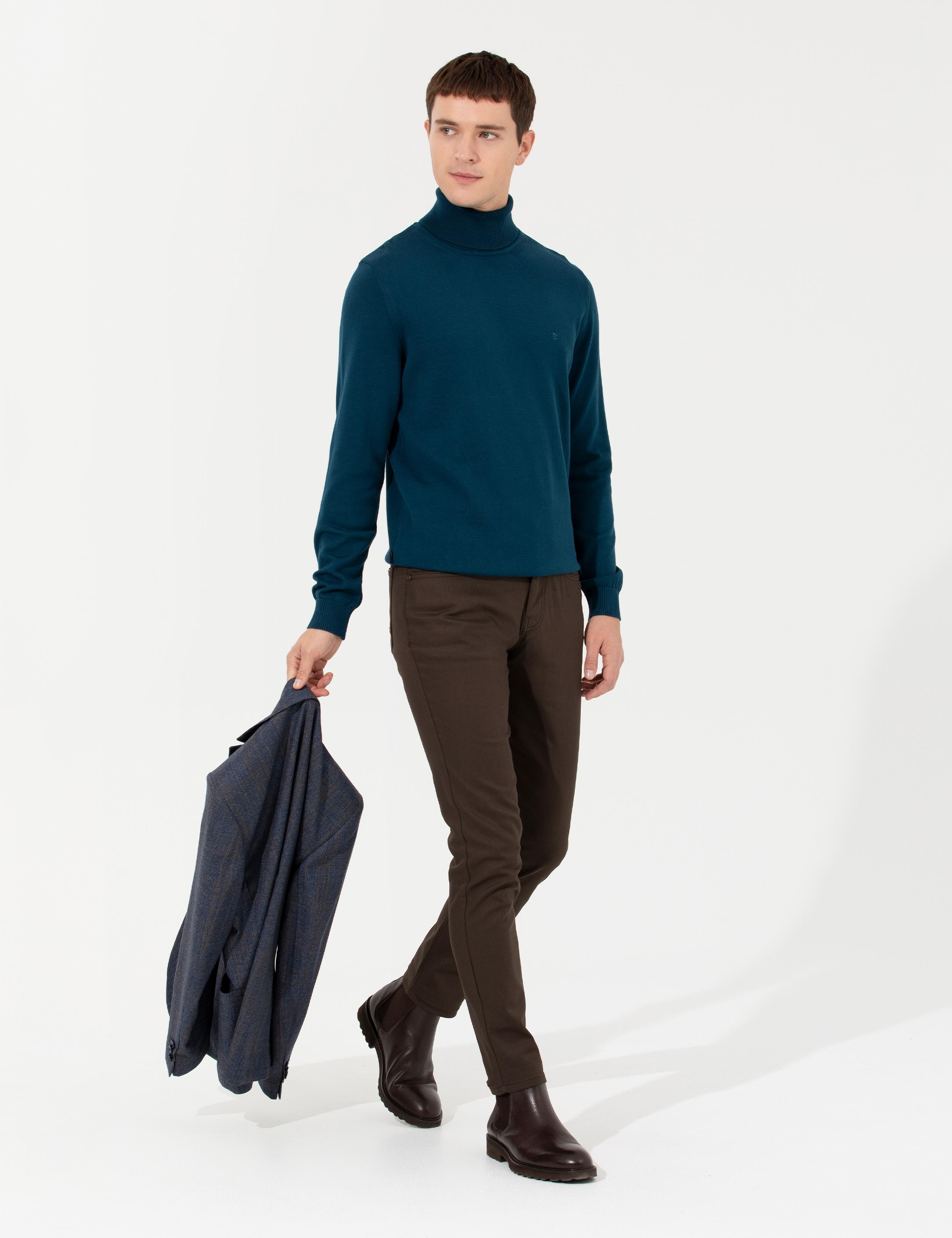 Petrol Slim Fit Balıkçı Yaka Basic Triko Kazak