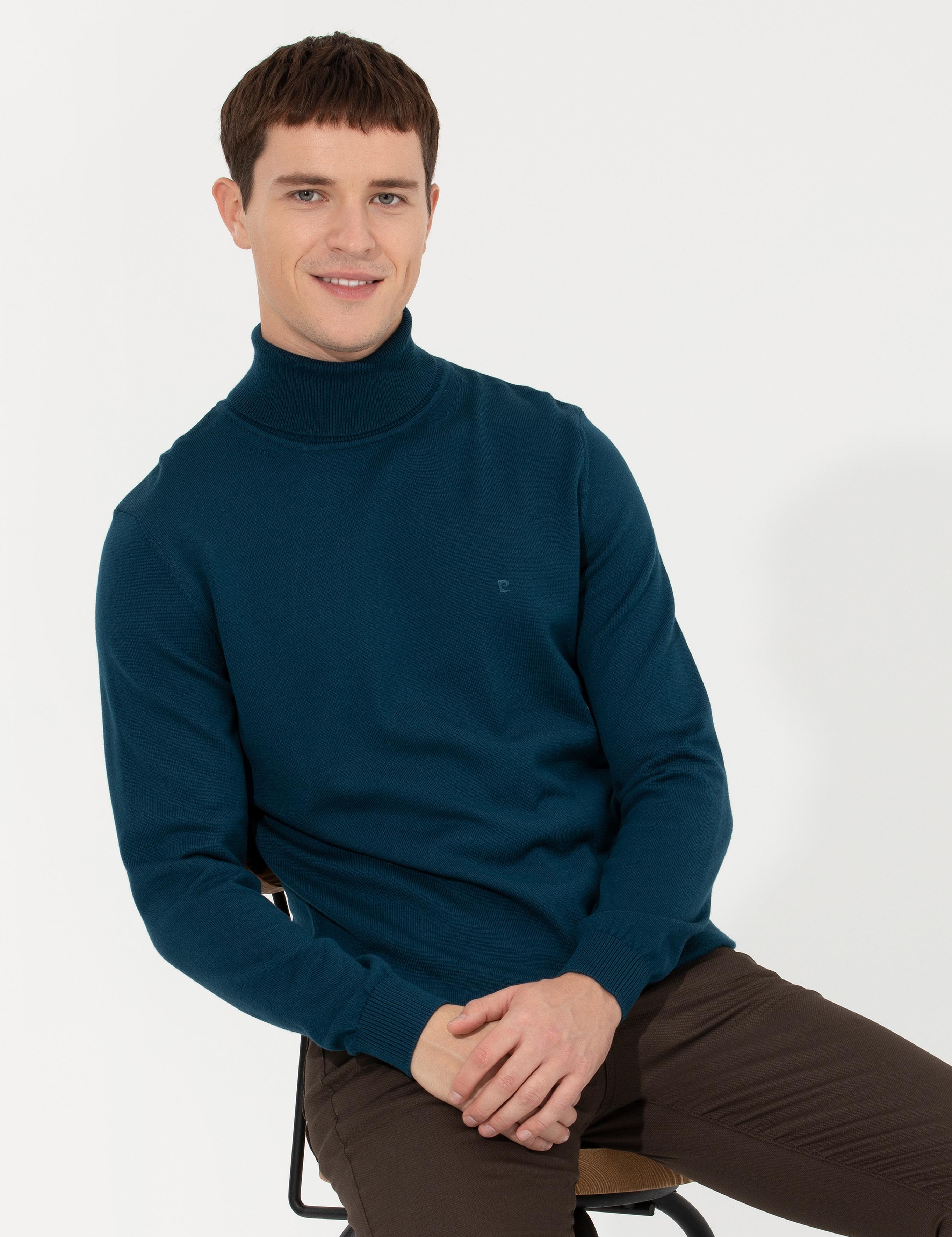 Petrol Slim Fit Balıkçı Yaka Basic Triko Kazak