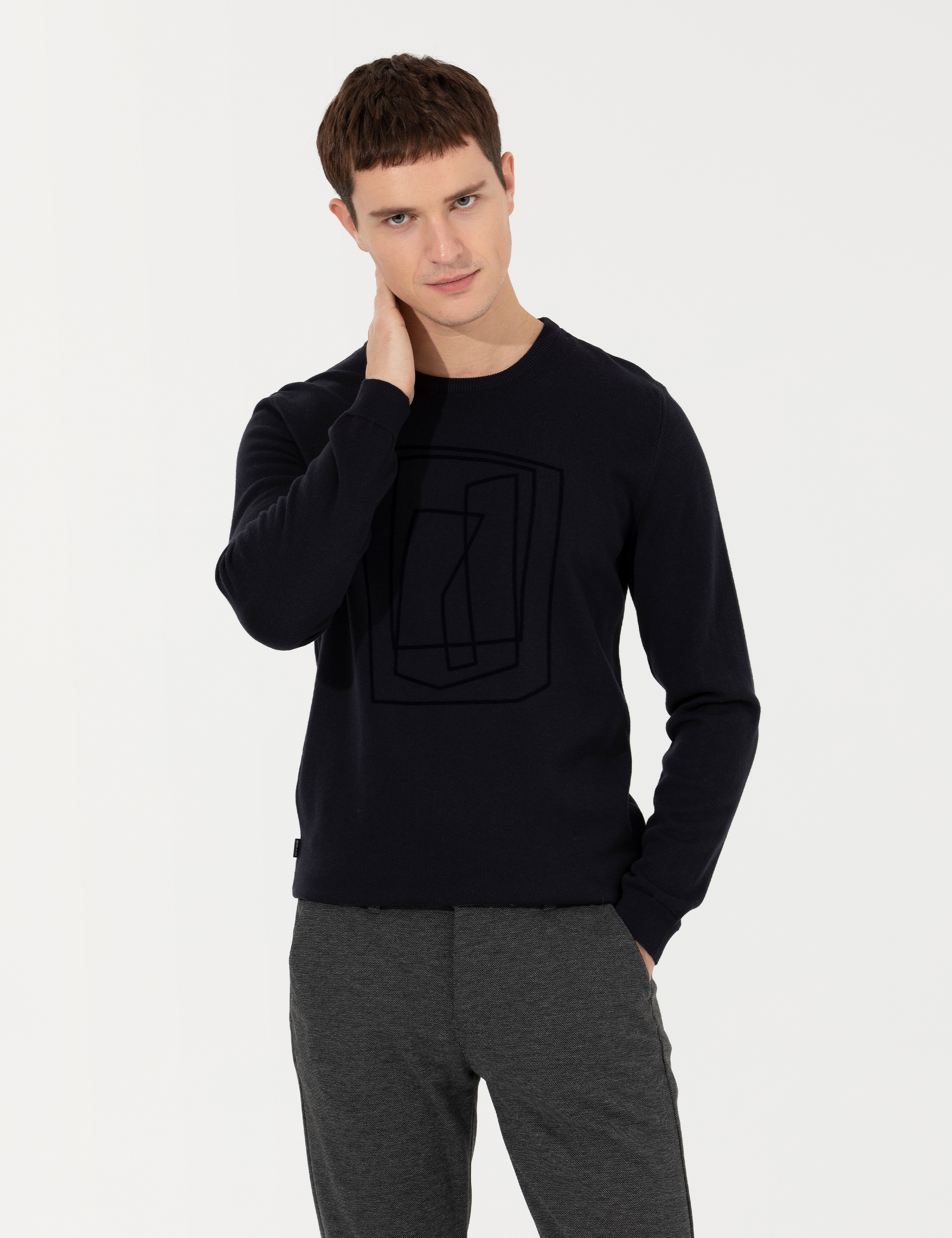 Lacivert Slim Fit Bisiklet Yaka Triko Kazak - Image 3