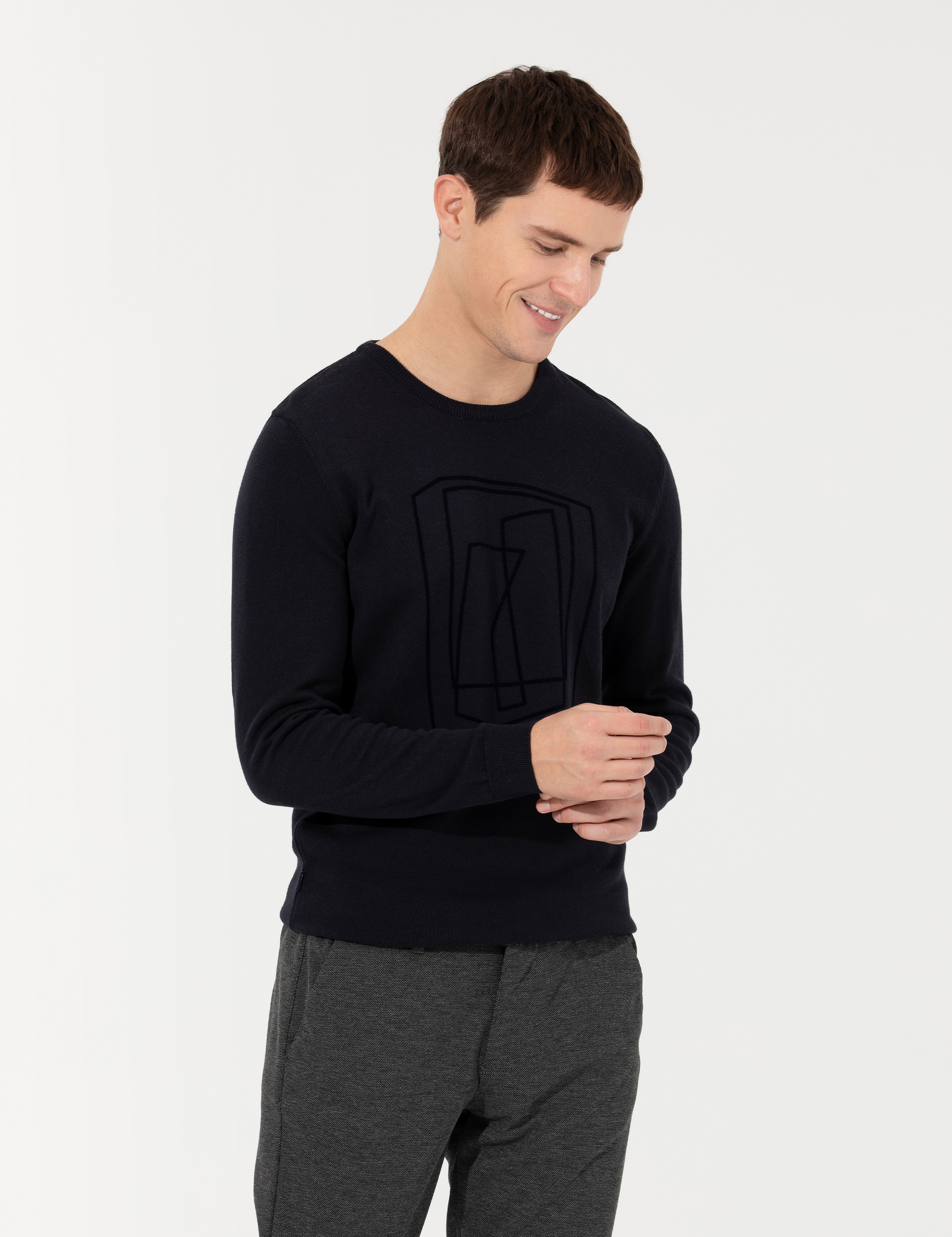 Lacivert Slim Fit Bisiklet Yaka Triko Kazak - Image 1