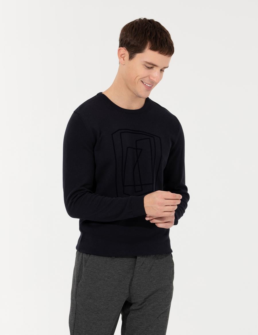 Lacivert Slim Fit Bisiklet Yaka Triko Kazak