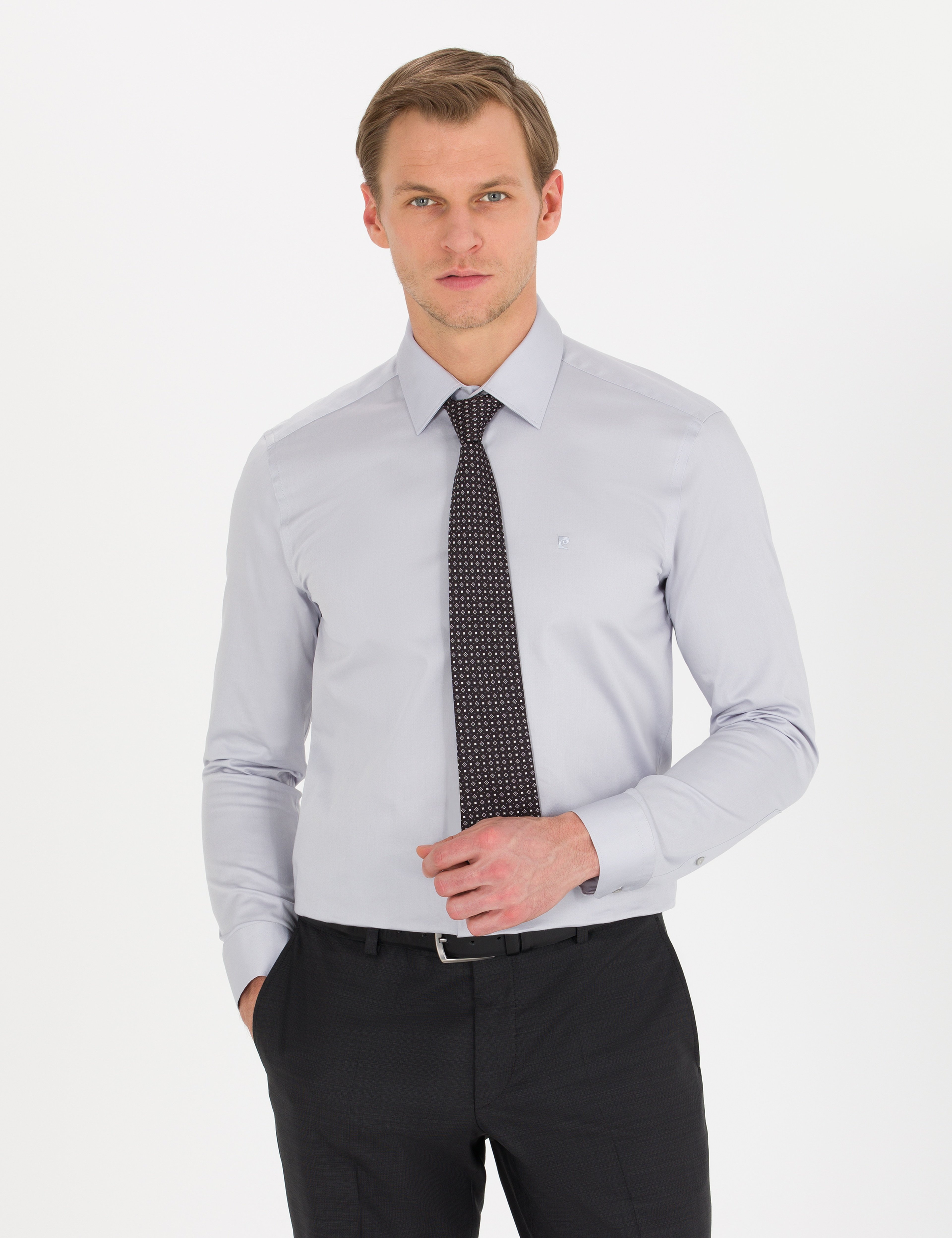Gri Slim Fit Uzun Kollu Klasik Gömlek - Image 1