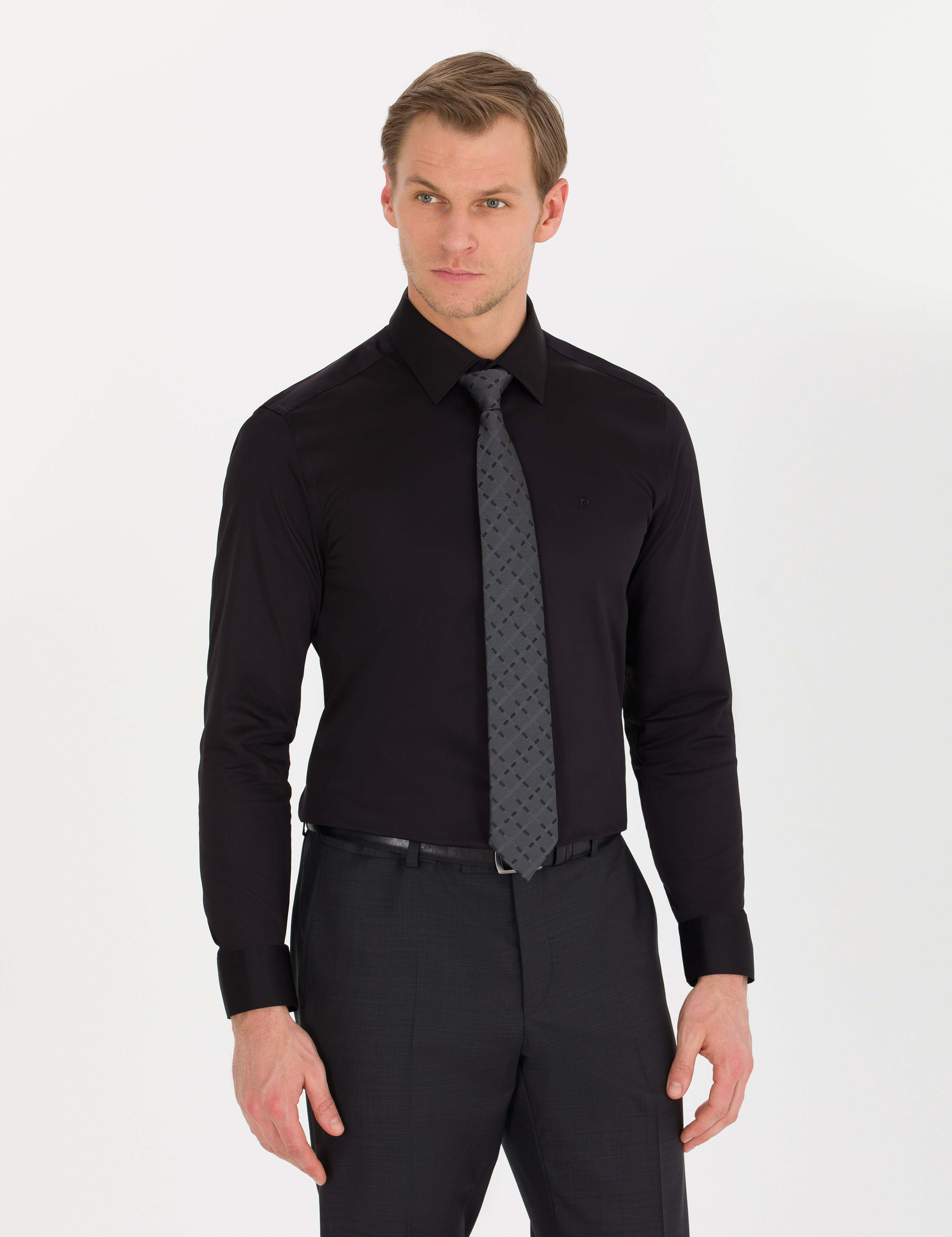 Siyah Slim Fit Uzun Kollu Klasik Gömlek - Image 2