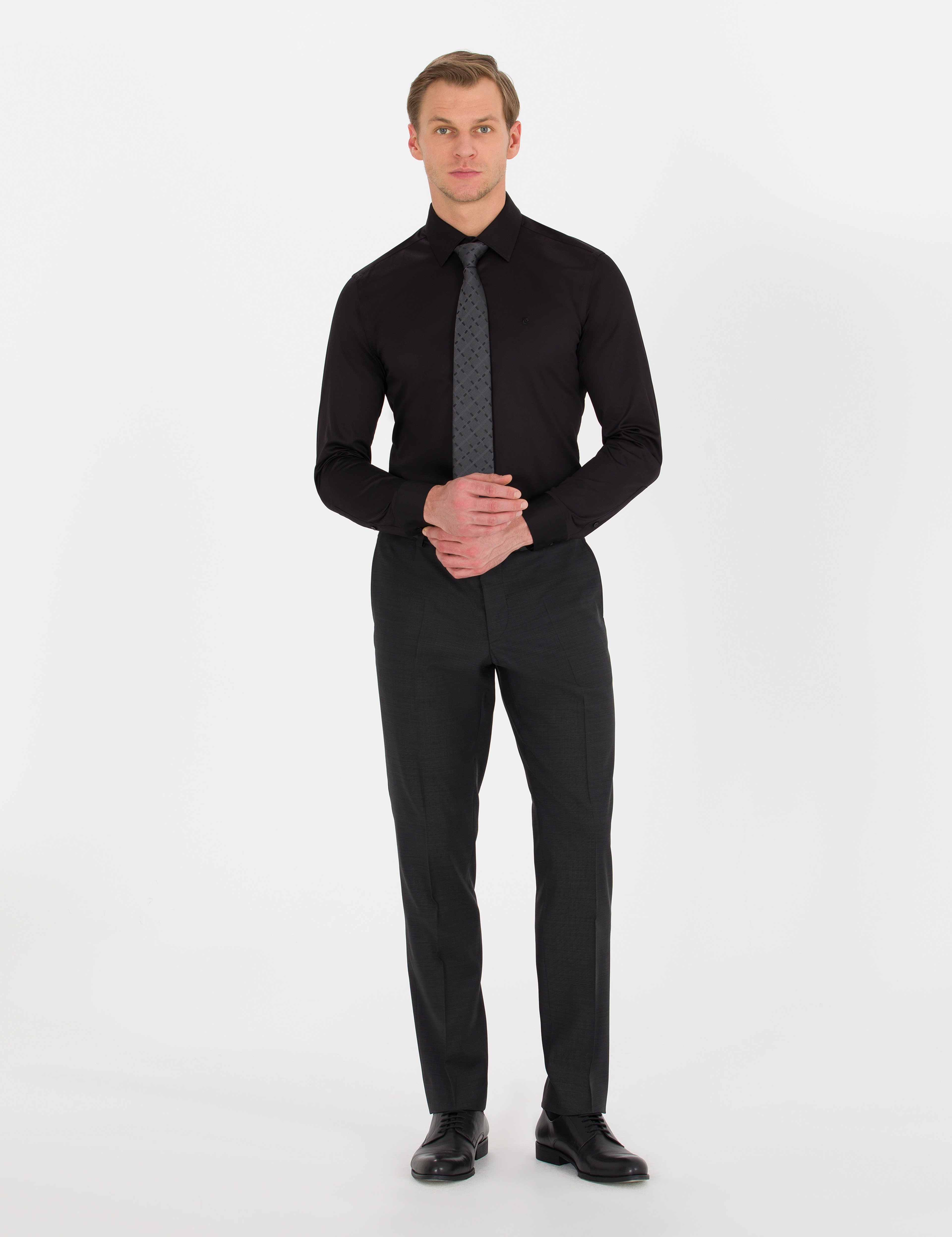Siyah Slim Fit Uzun Kollu Klasik Gömlek - Image 3