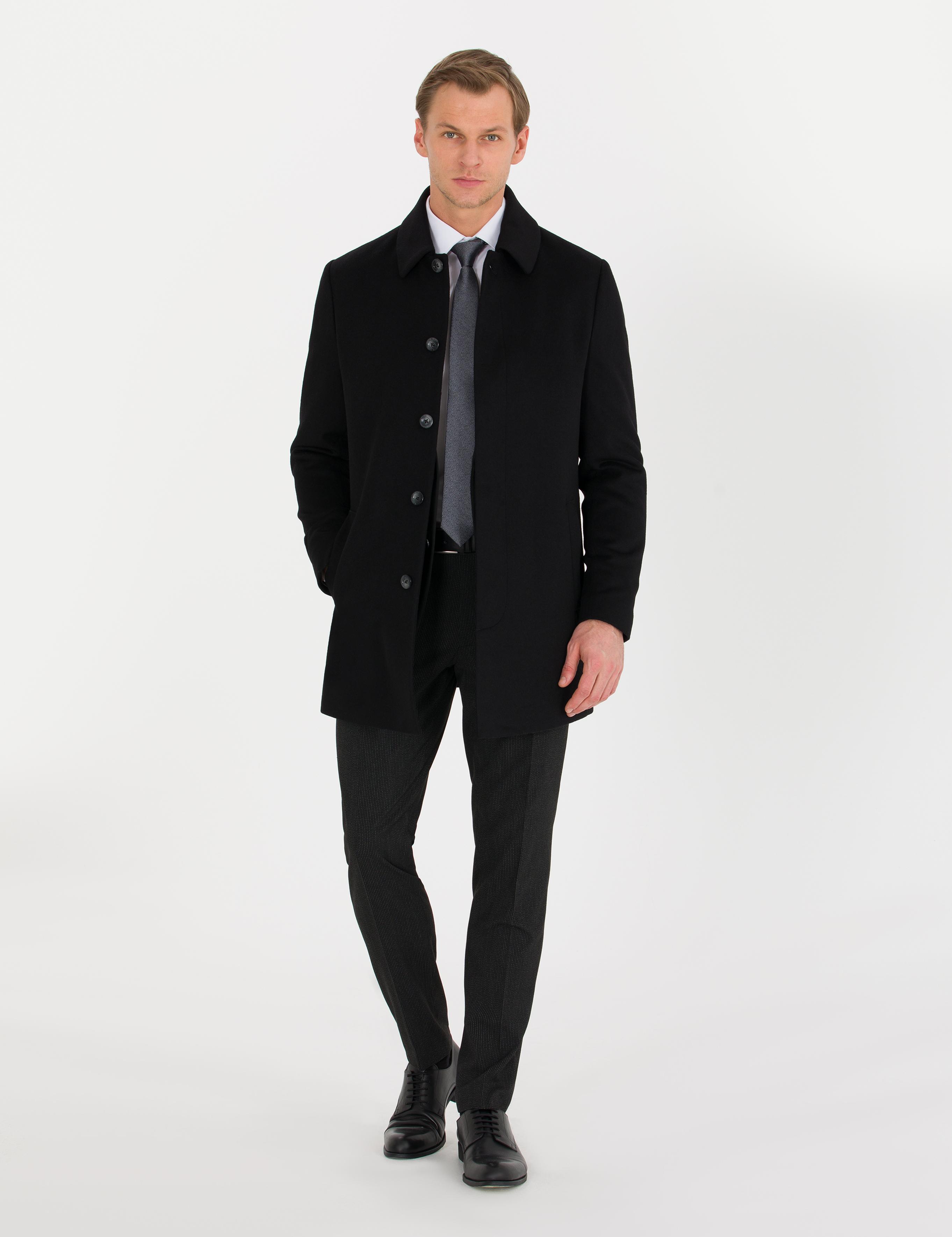 Siyah Slim Fit Kaşe Kaban