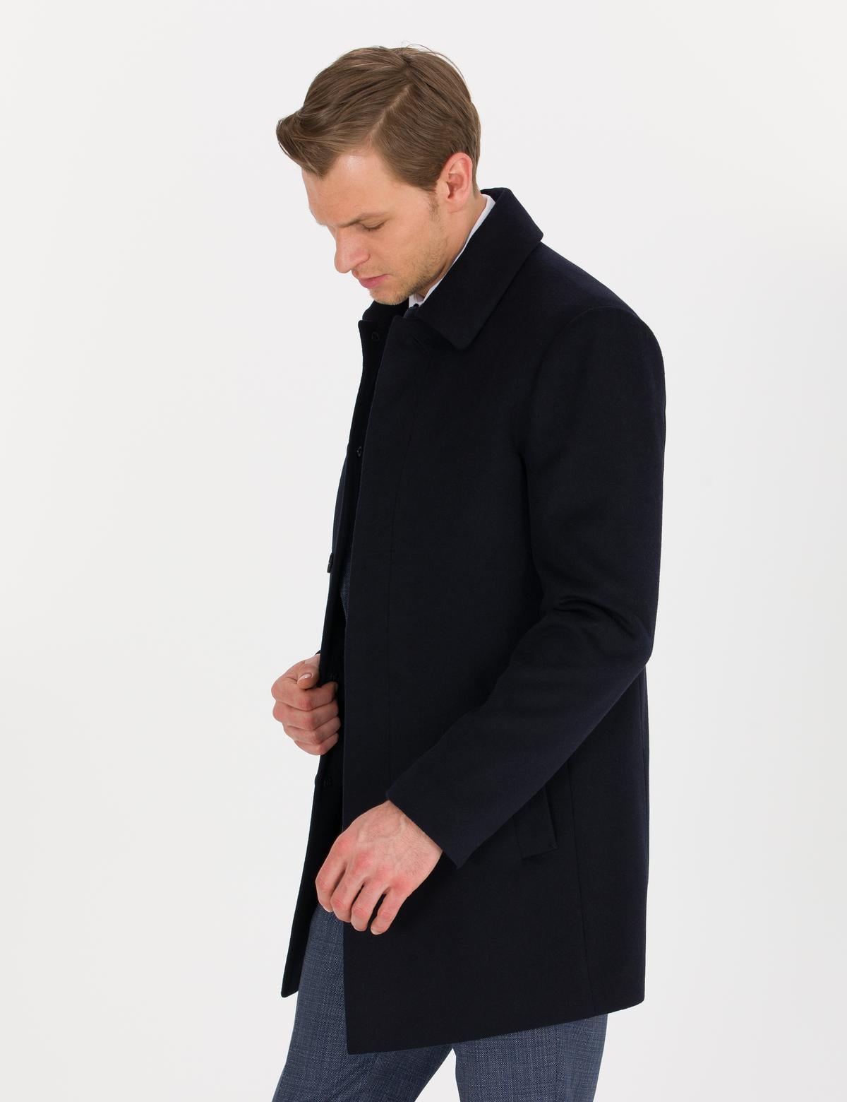 Lacivert Slim Fit Kaşe Kaban - 50257391012