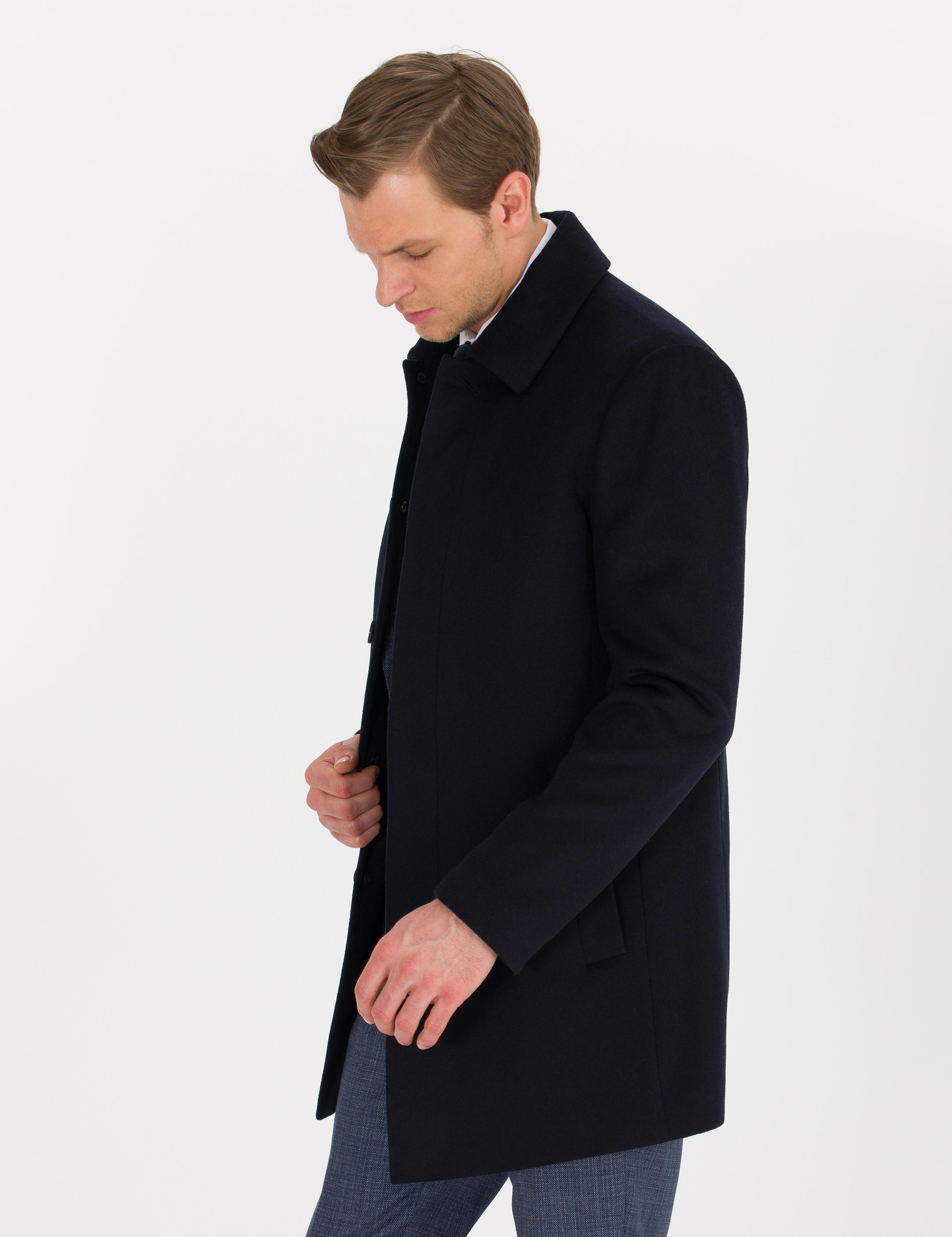 Lacivert Slim Fit Kaşe Kaban