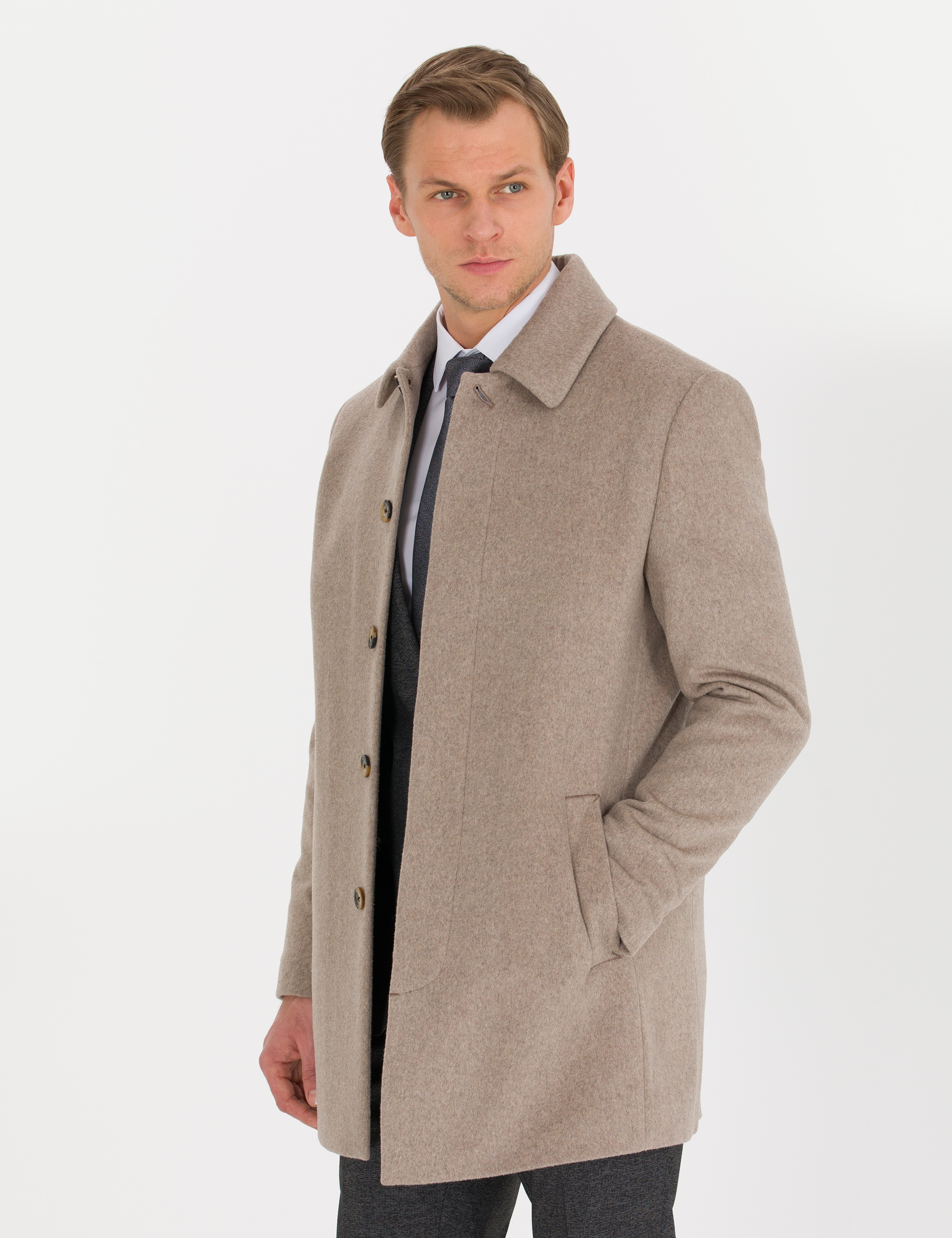 Açık Kahverengi Slim Fit Kaşe Kaban - Image 2