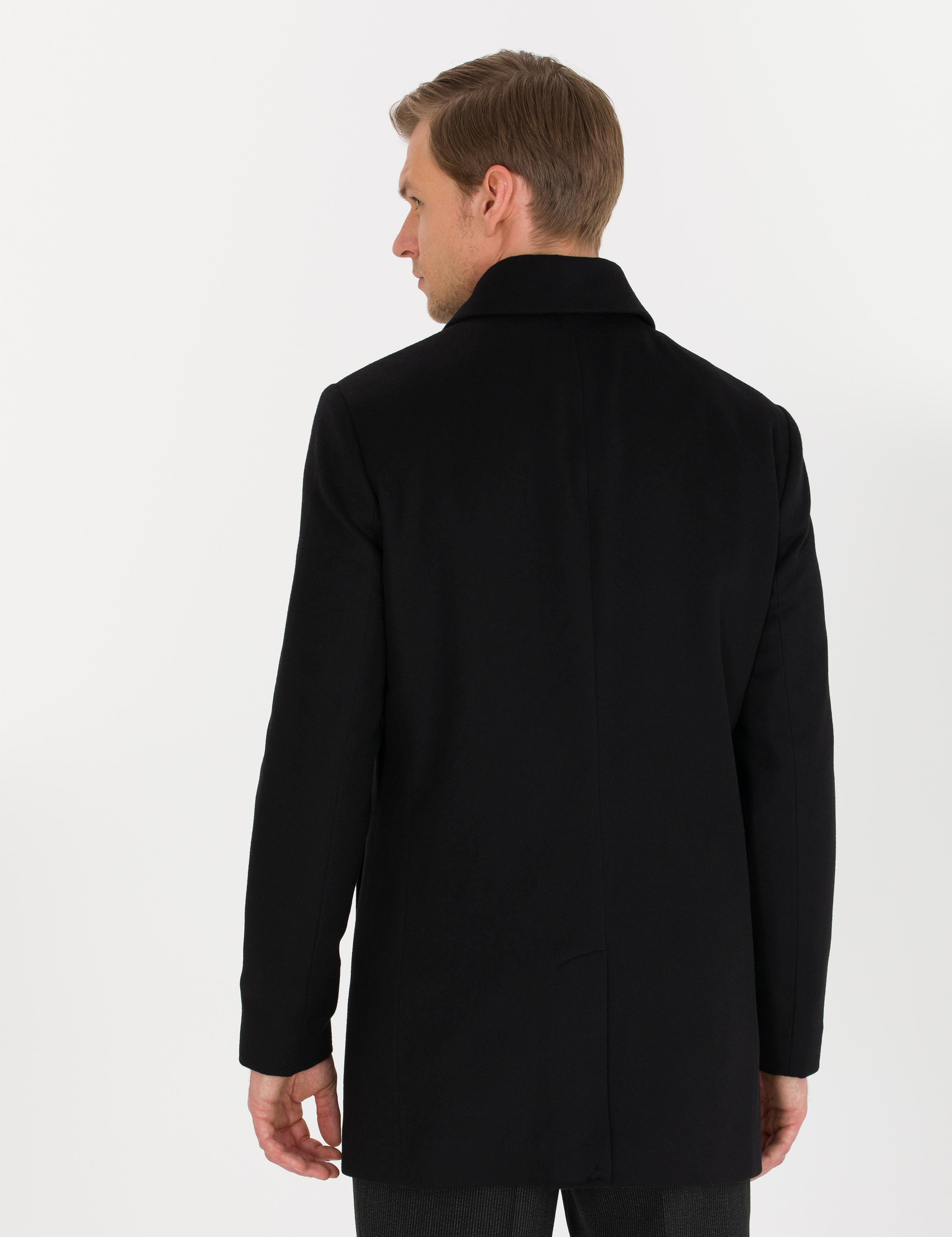 Siyah Slim Fit Kaşe Kaban