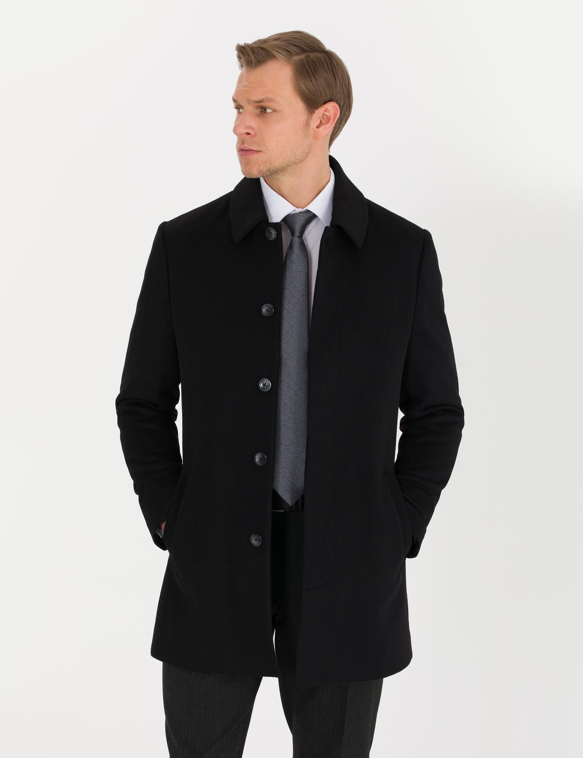 Siyah Slim Fit Kaşe Kaban