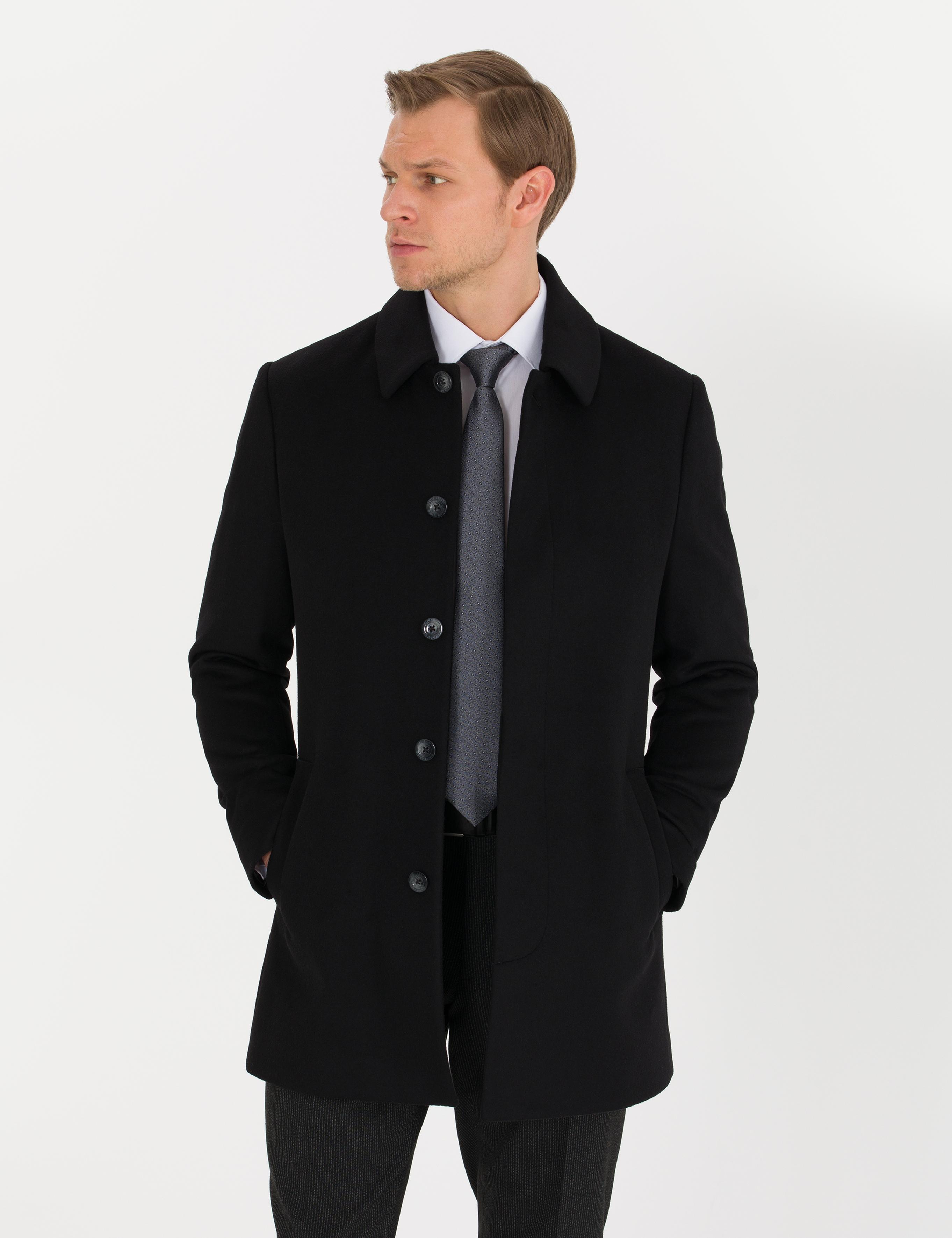 Siyah Slim Fit Kaşe Kaban