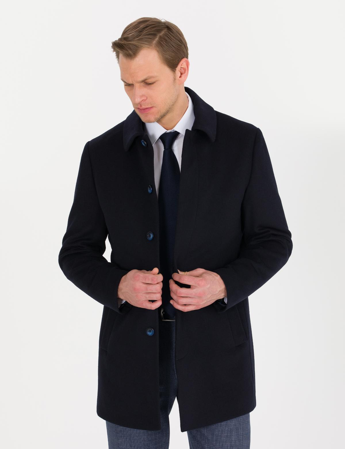 Lacivert Slim Fit Kaşe Kaban