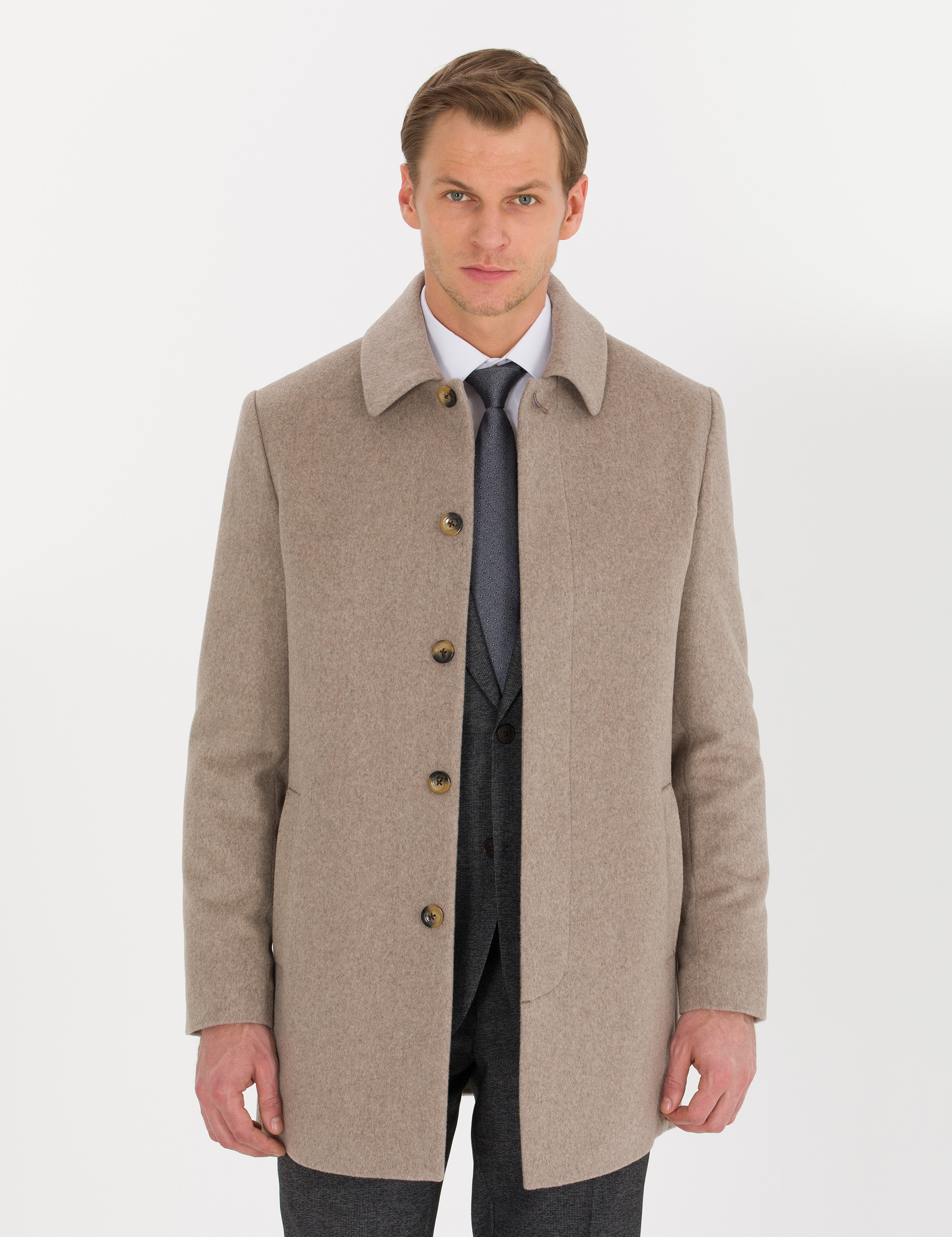 Açık Kahverengi Slim Fit Kaşe Kaban - Image 4