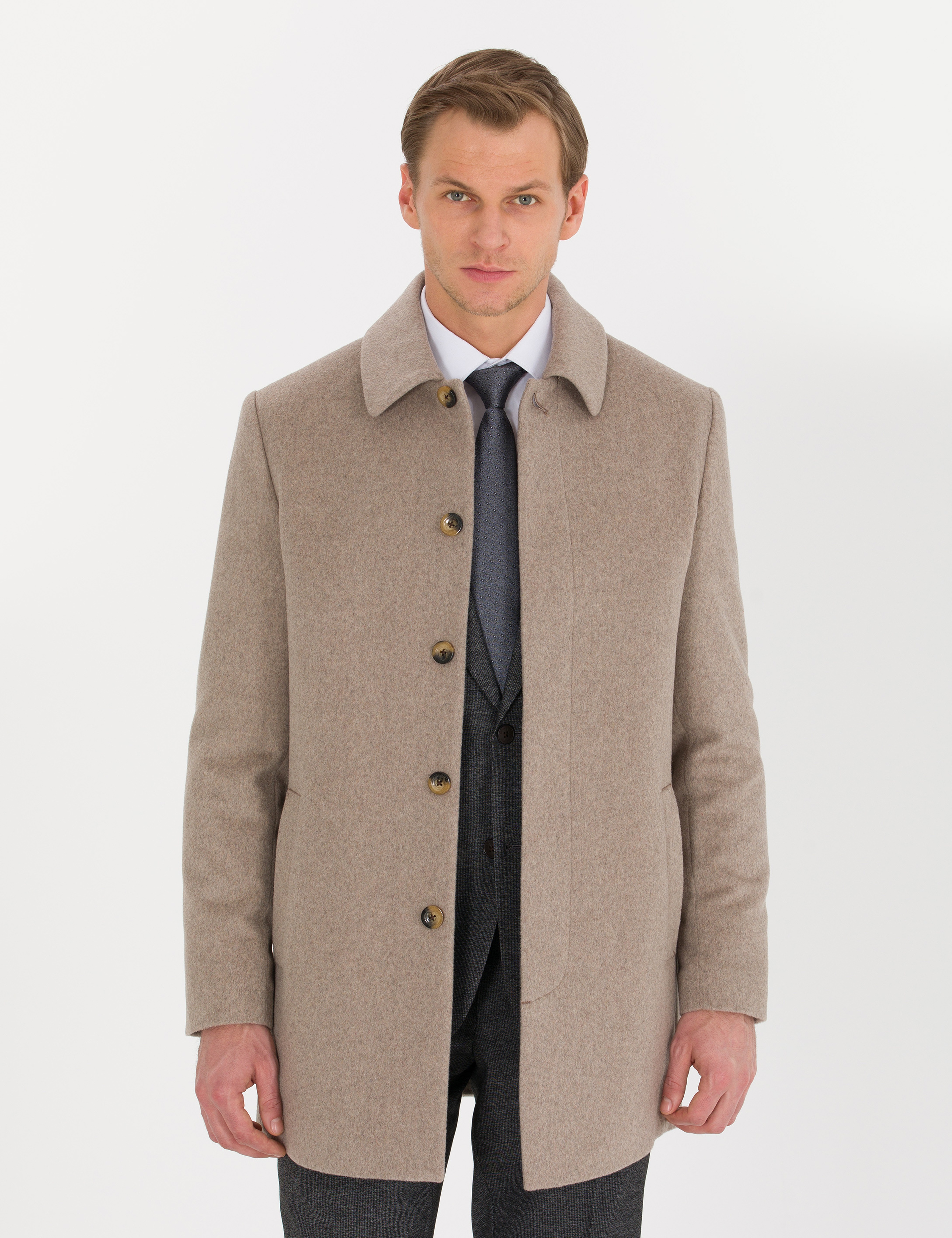 Açık Kahverengi Slim Fit Kaşe Kaban