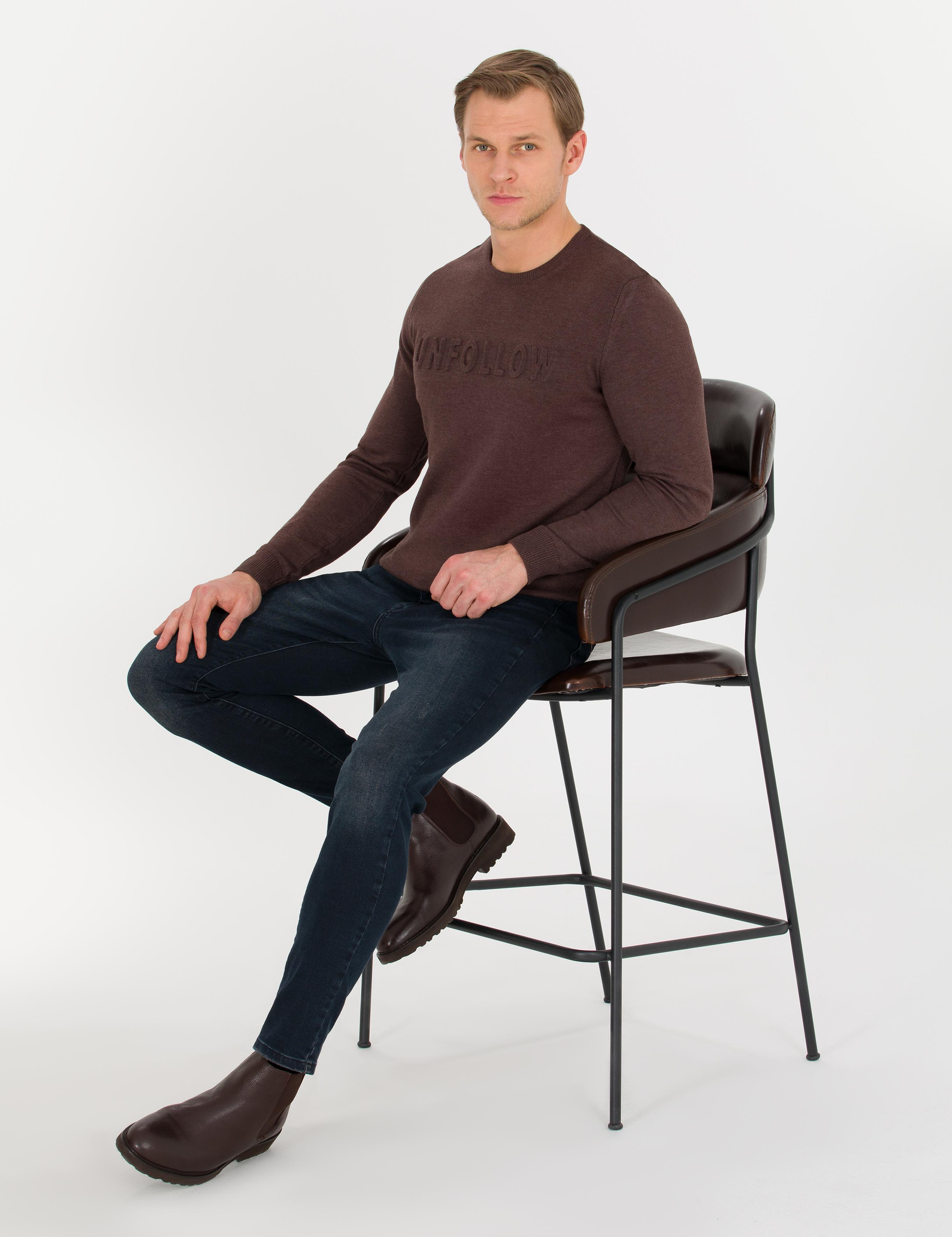 Açık Kahverengi Slim Fit Bisiklet Yaka Triko Kazak