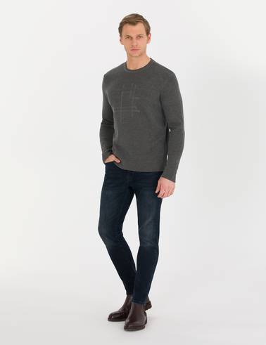 Gri Melanj Slim Fit Bisiklet Yaka Triko Kazak