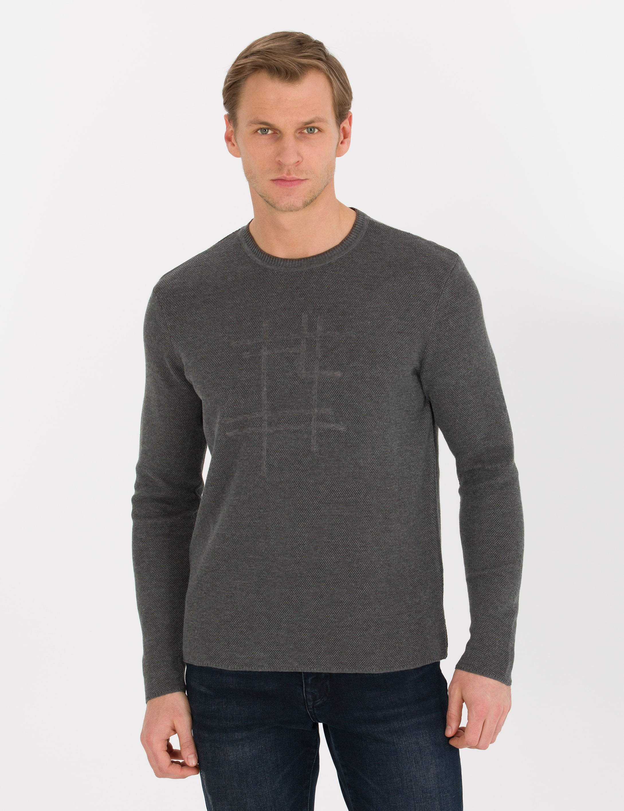 Pierre Cardin Gri Melanj Slim Fit Bisiklet Yaka Triko Kazak görsel 3