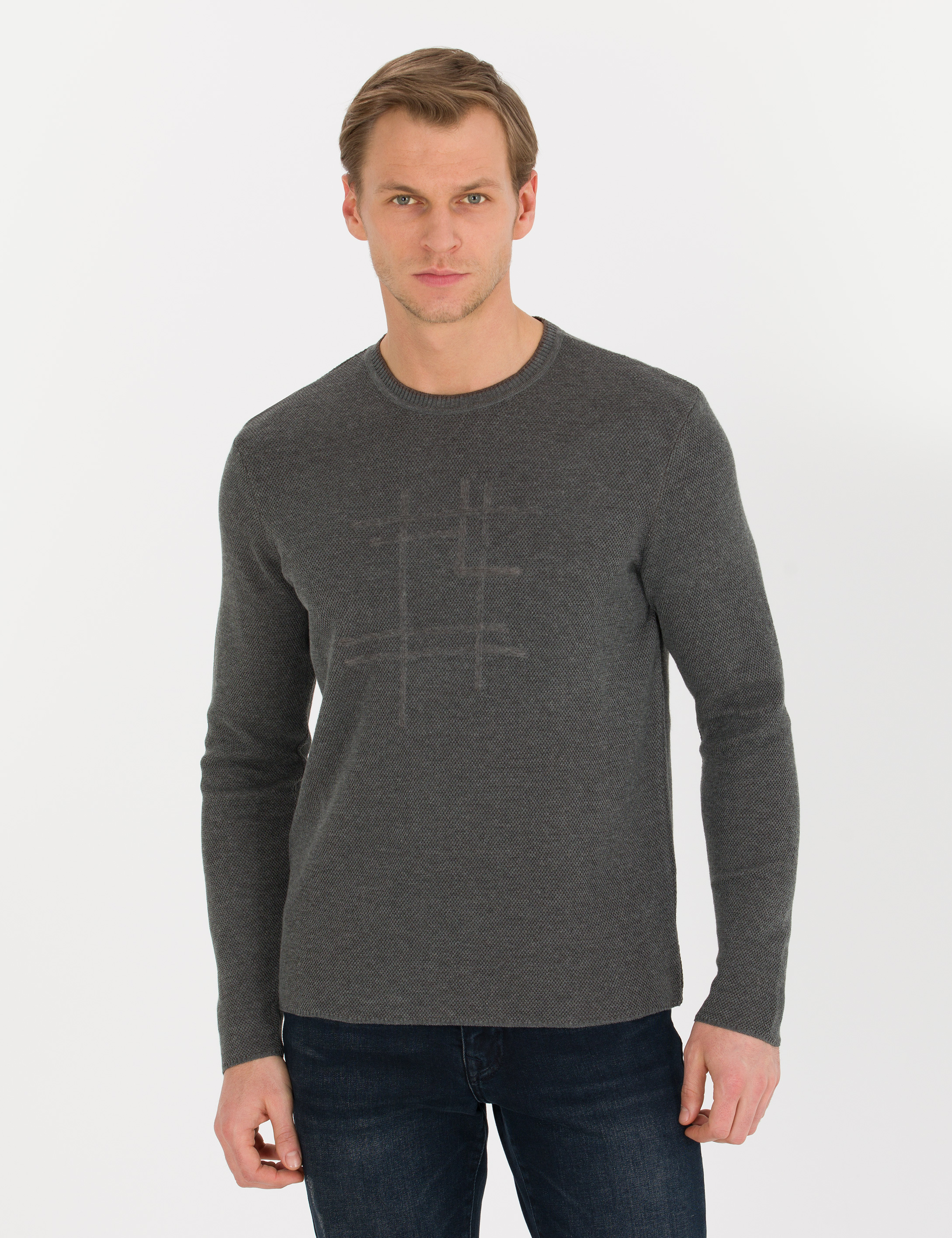 Gri Melanj Slim Fit Bisiklet Yaka Triko Kazak - Image 3