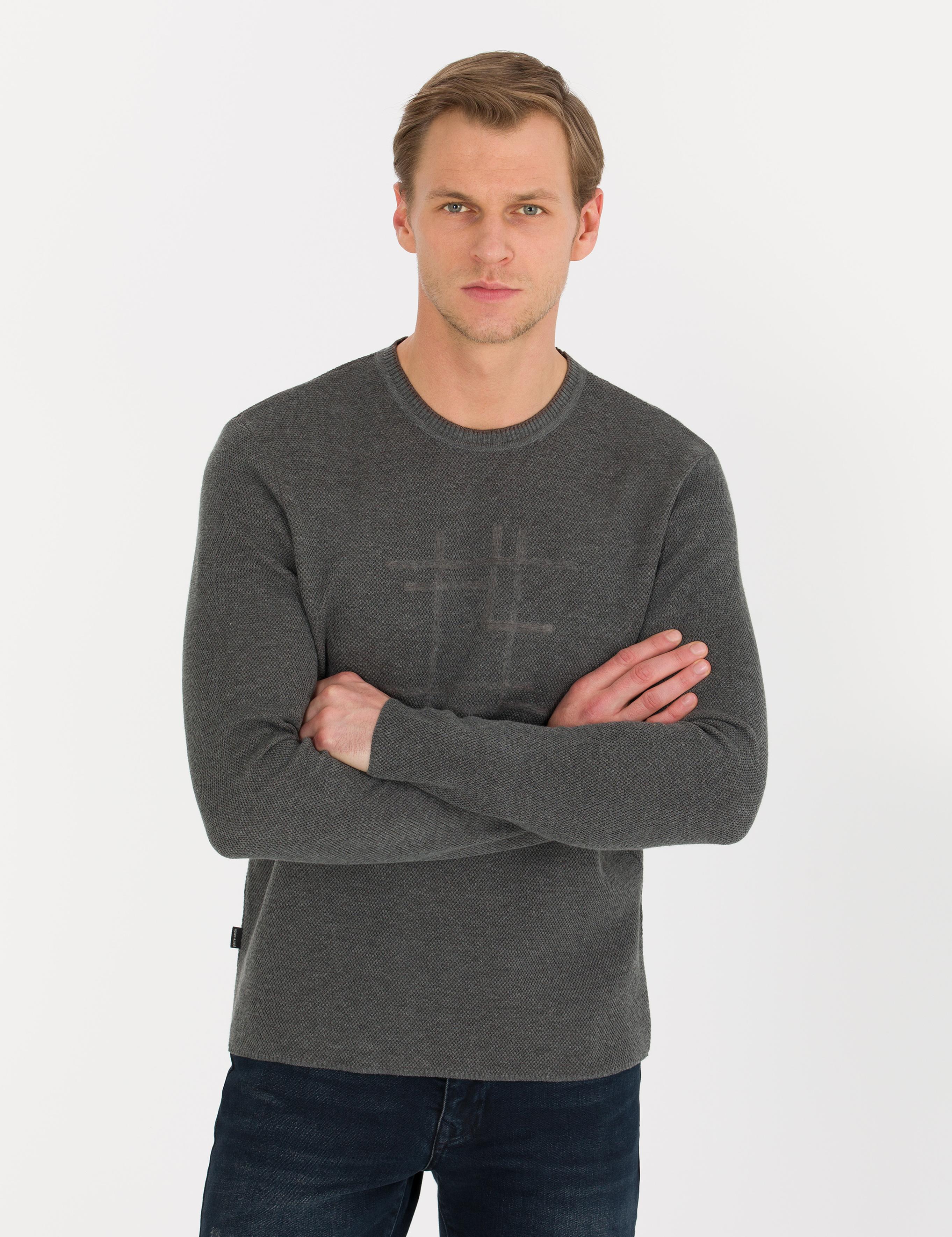 Gri Melanj Slim Fit Bisiklet Yaka Triko Kazak