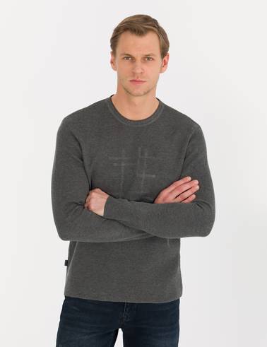 Gri Melanj Slim Fit Bisiklet Yaka Triko Kazak