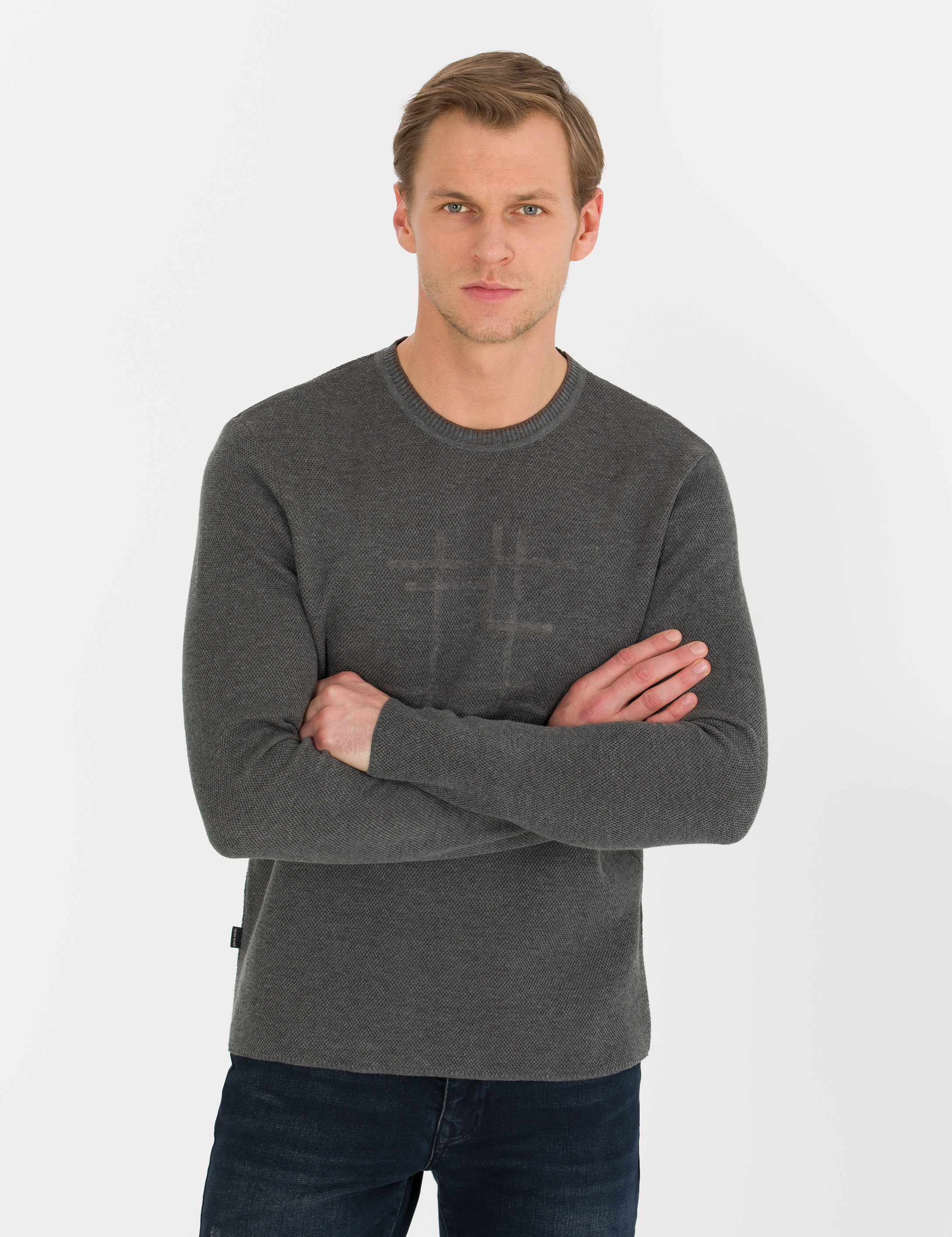 Gri Melanj Slim Fit Bisiklet Yaka Triko Kazak