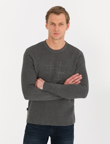 Gri Melanj Slim Fit Bisiklet Yaka Triko Kazak