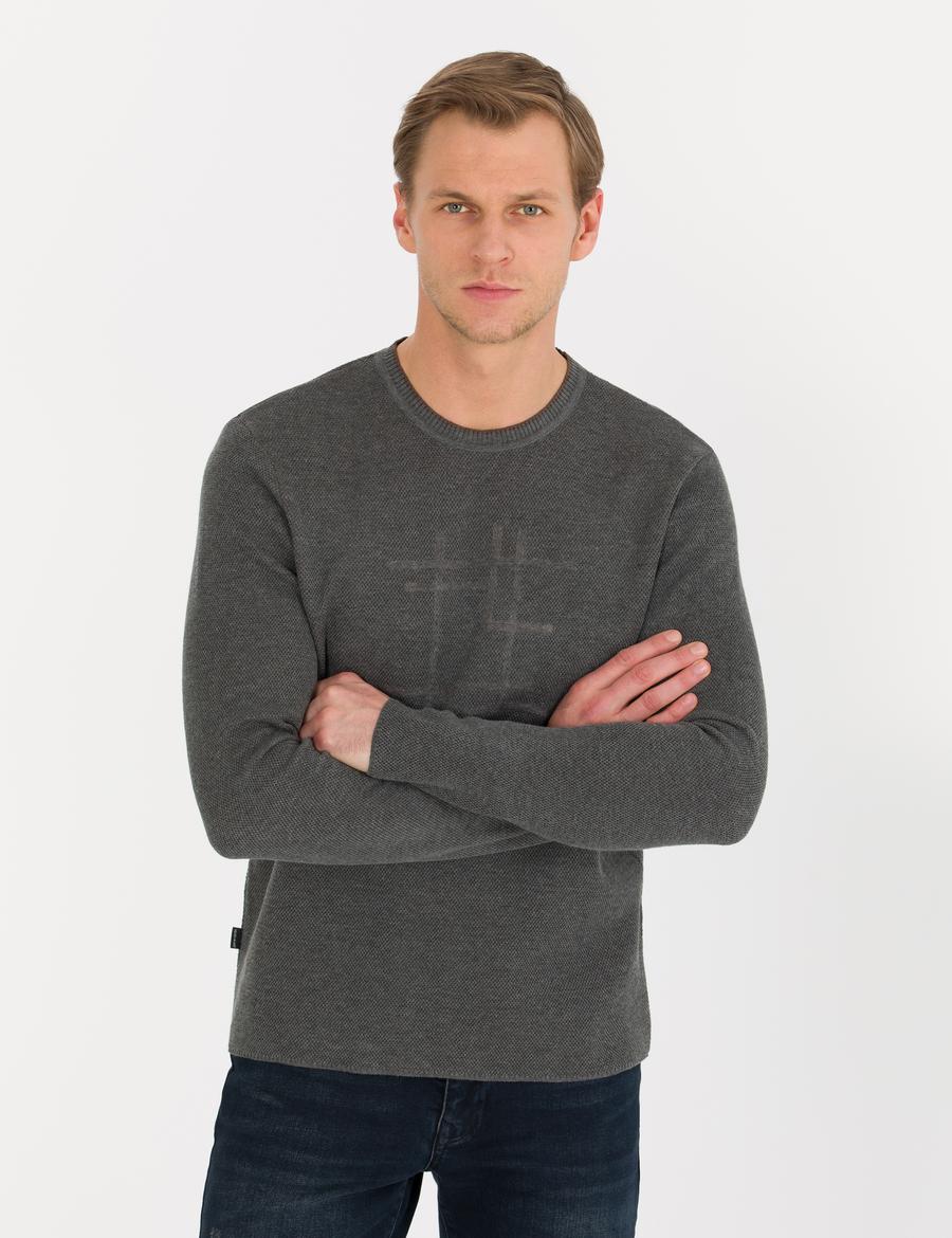 Gri Melanj Slim Fit Bisiklet Yaka Triko Kazak