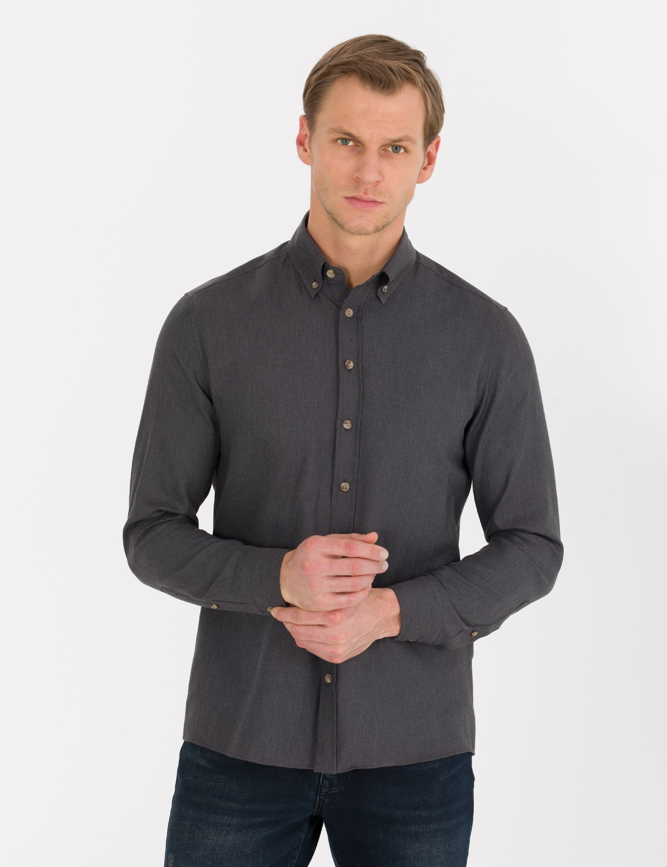 Antrasit Slim Fit Uzun Kollu Gömlek