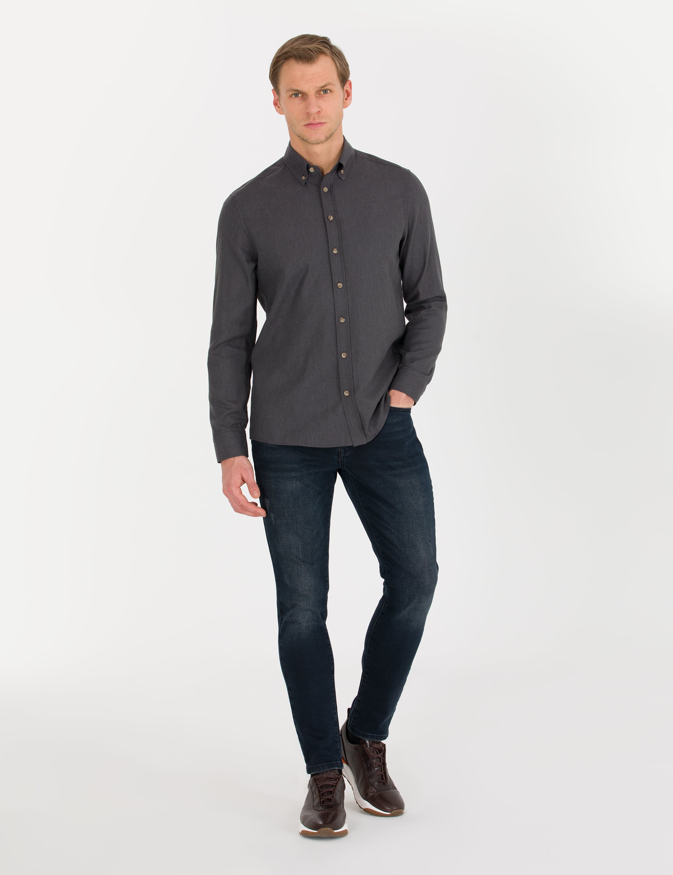 Antrasit Slim Fit Uzun Kollu Gömlek