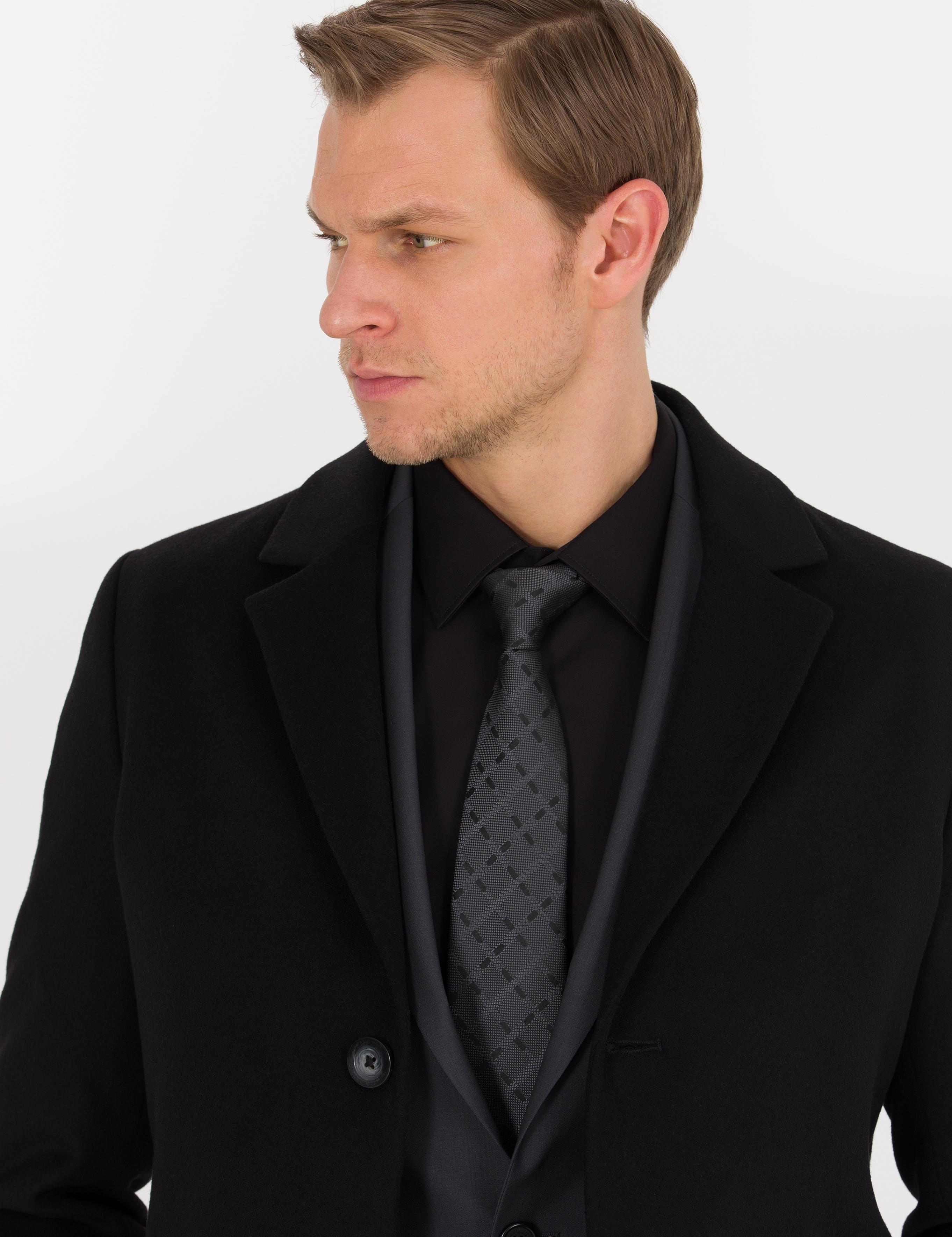 Siyah Ex. Slim Fit Kaşe Kaban