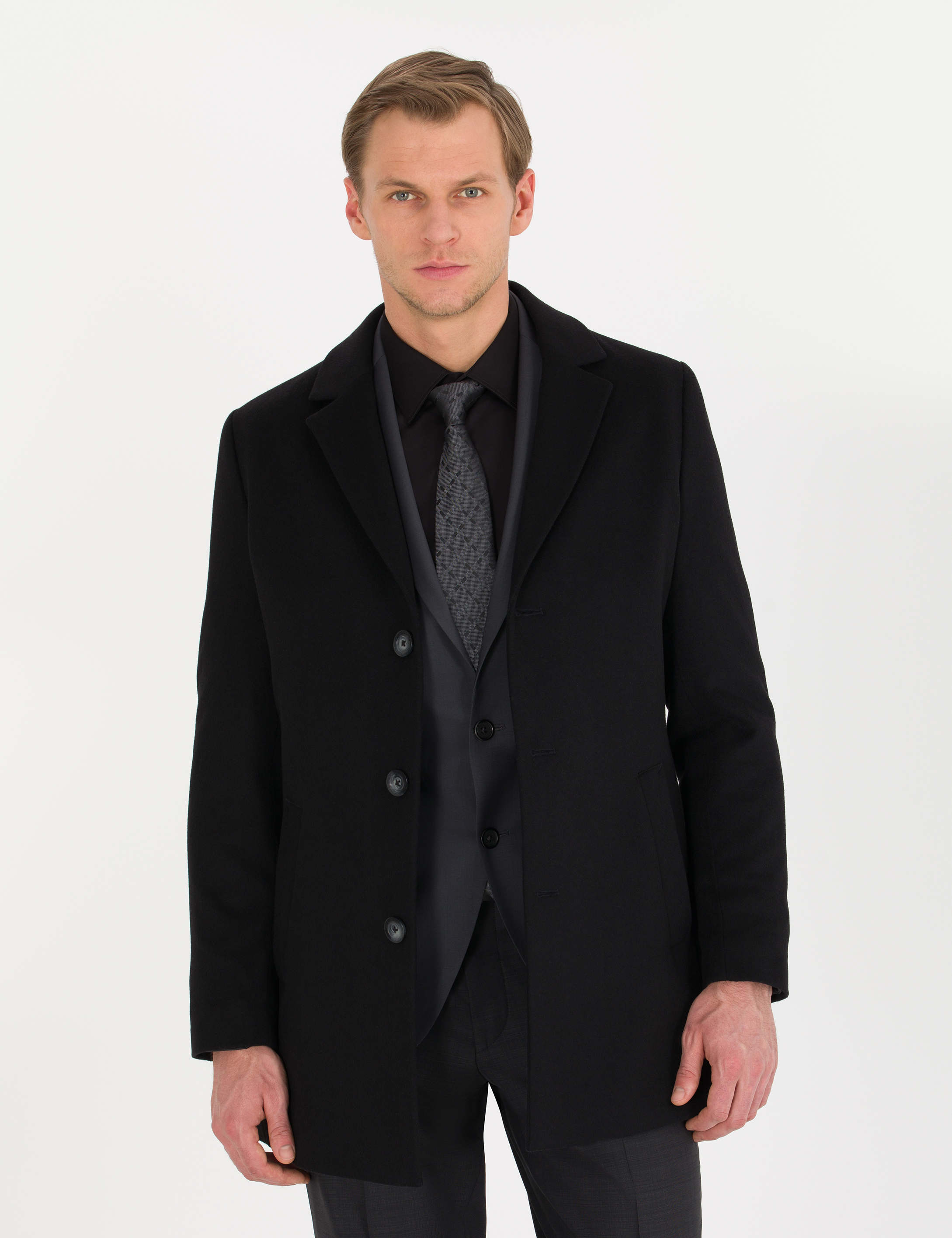 Siyah Ex. Slim Fit Kaşe Kaban - Image 4