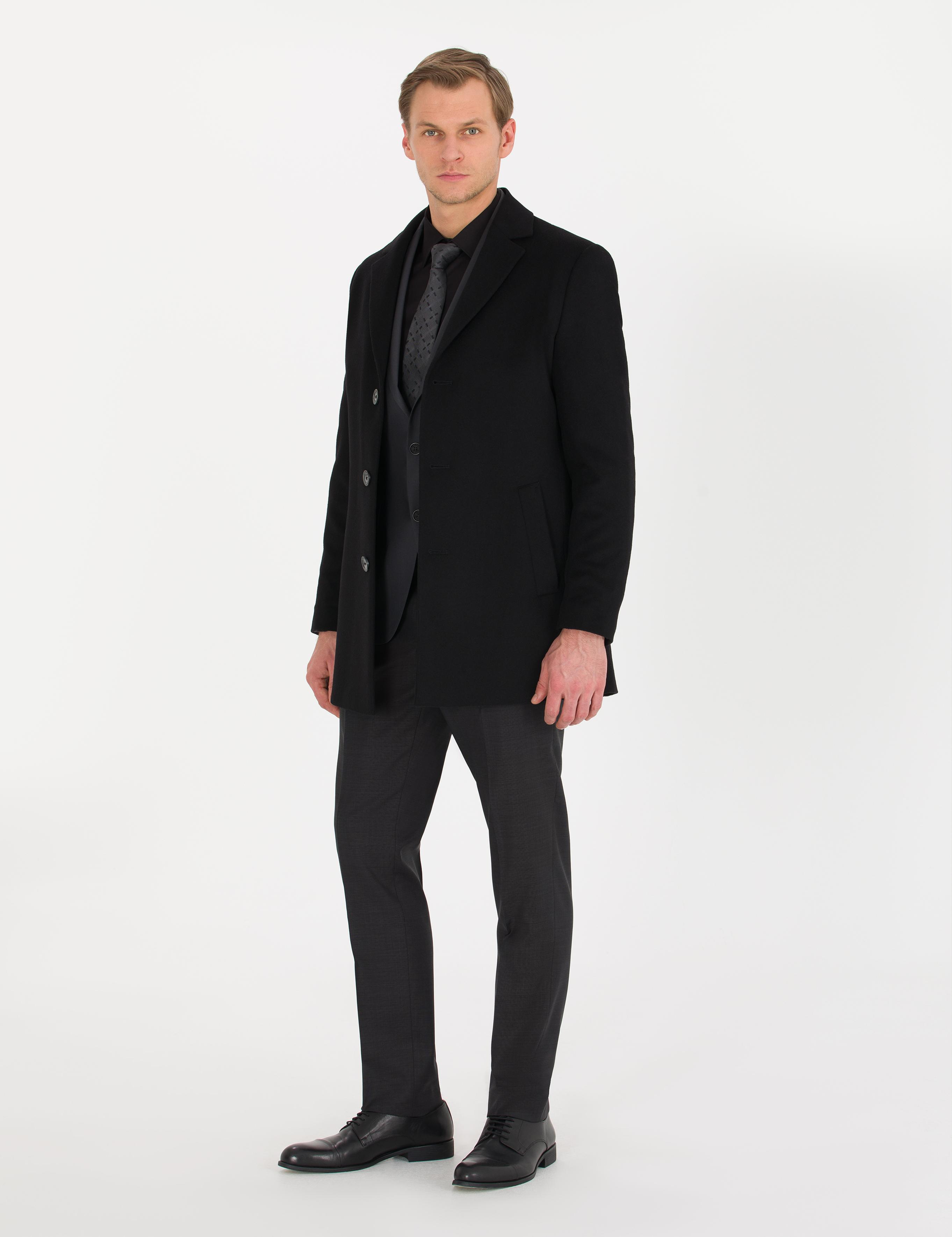 Siyah Ex. Slim Fit Kaşe Kaban