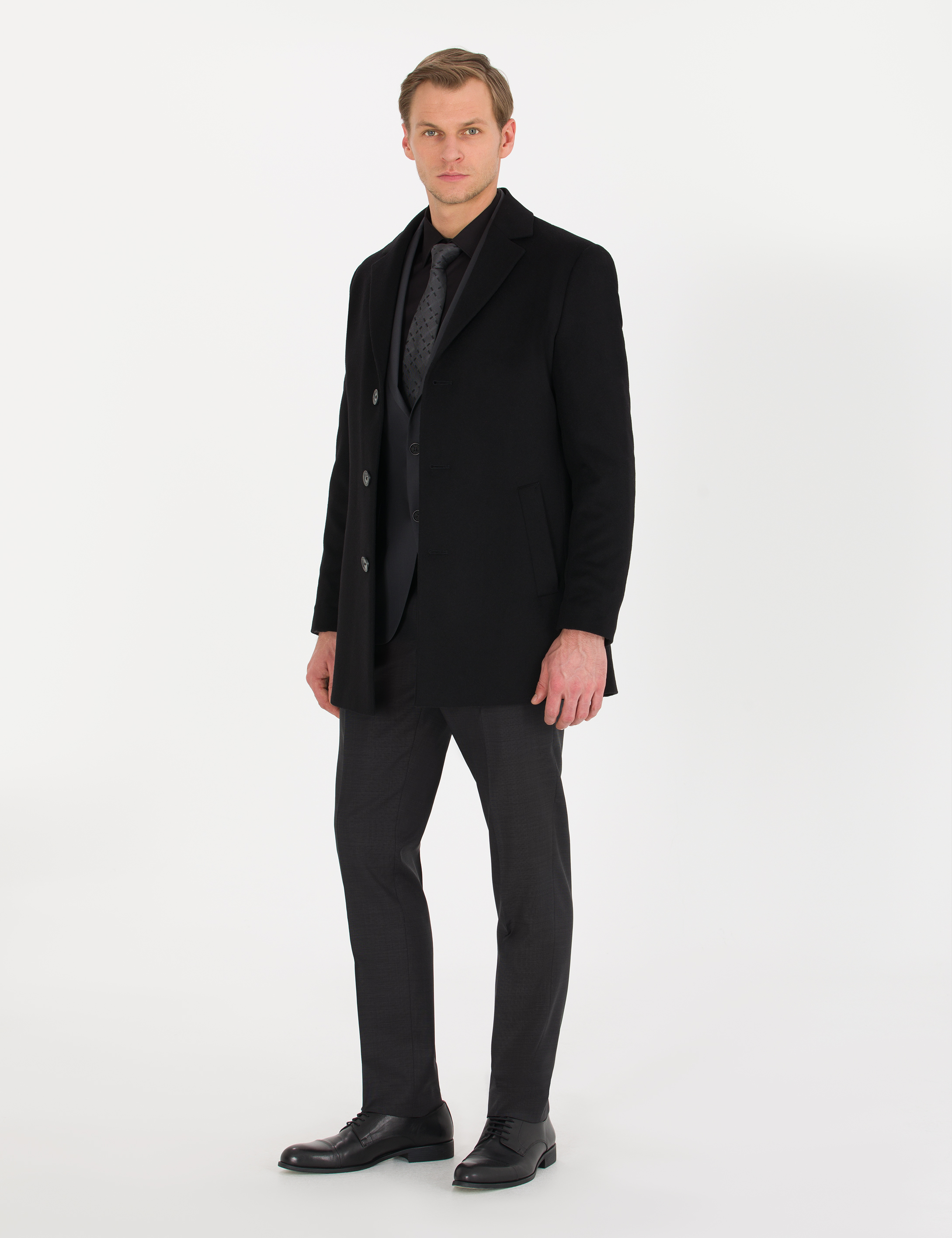 Siyah Ex. Slim Fit Kaşe Kaban - Image 3