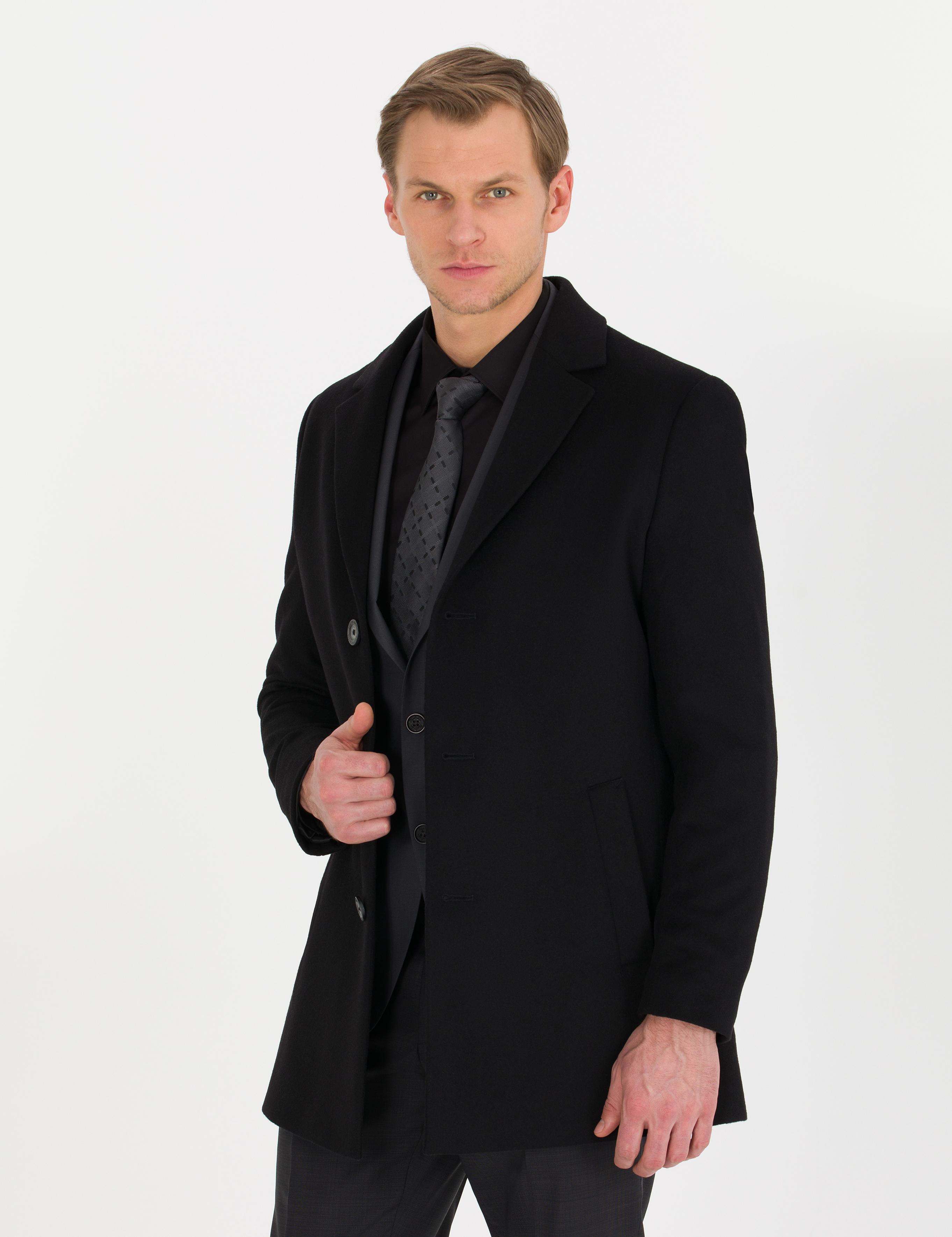 Siyah Ex. Slim Fit Kaşe Kaban