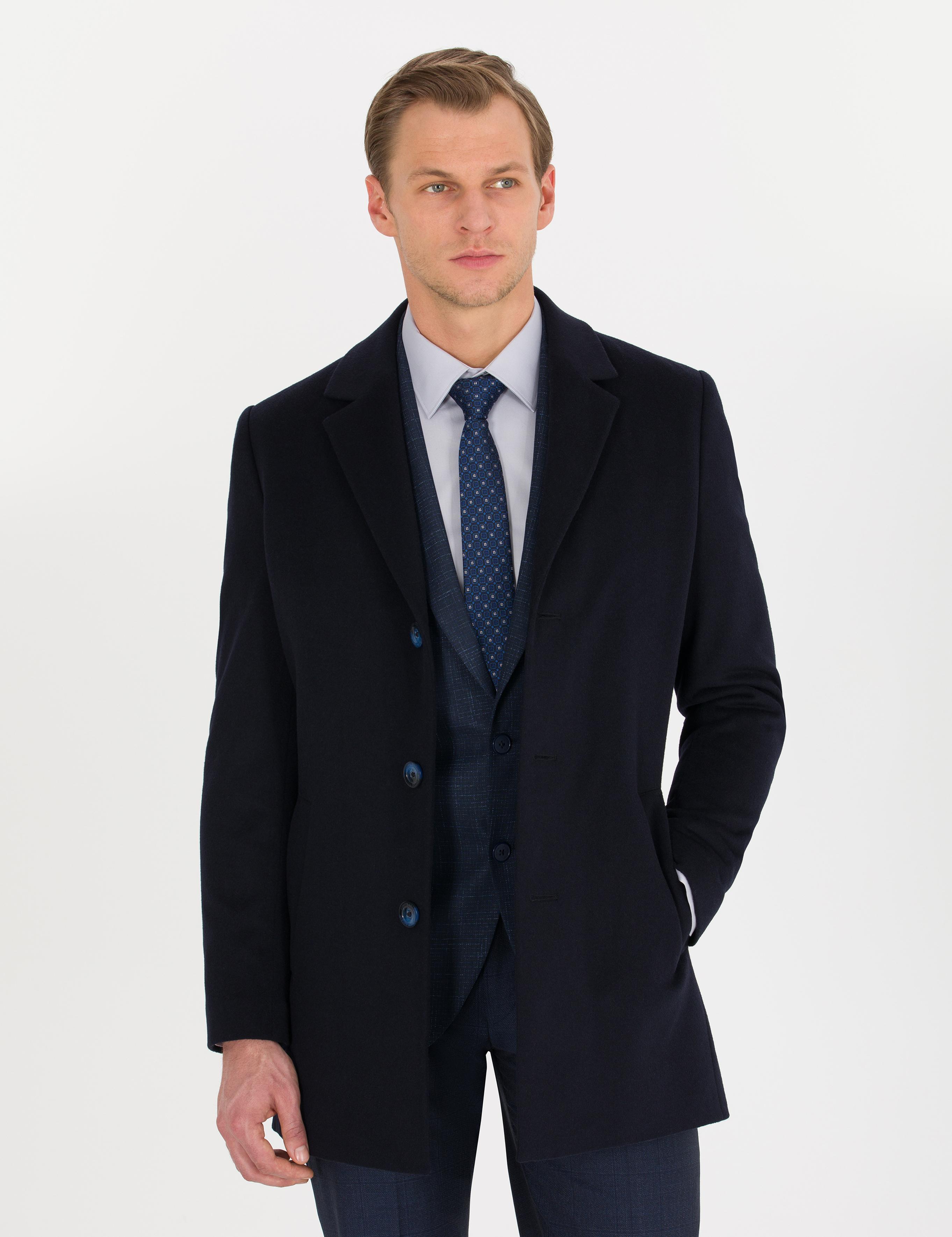 Lacivert Ex. Slim Fit Kaşe Kaban