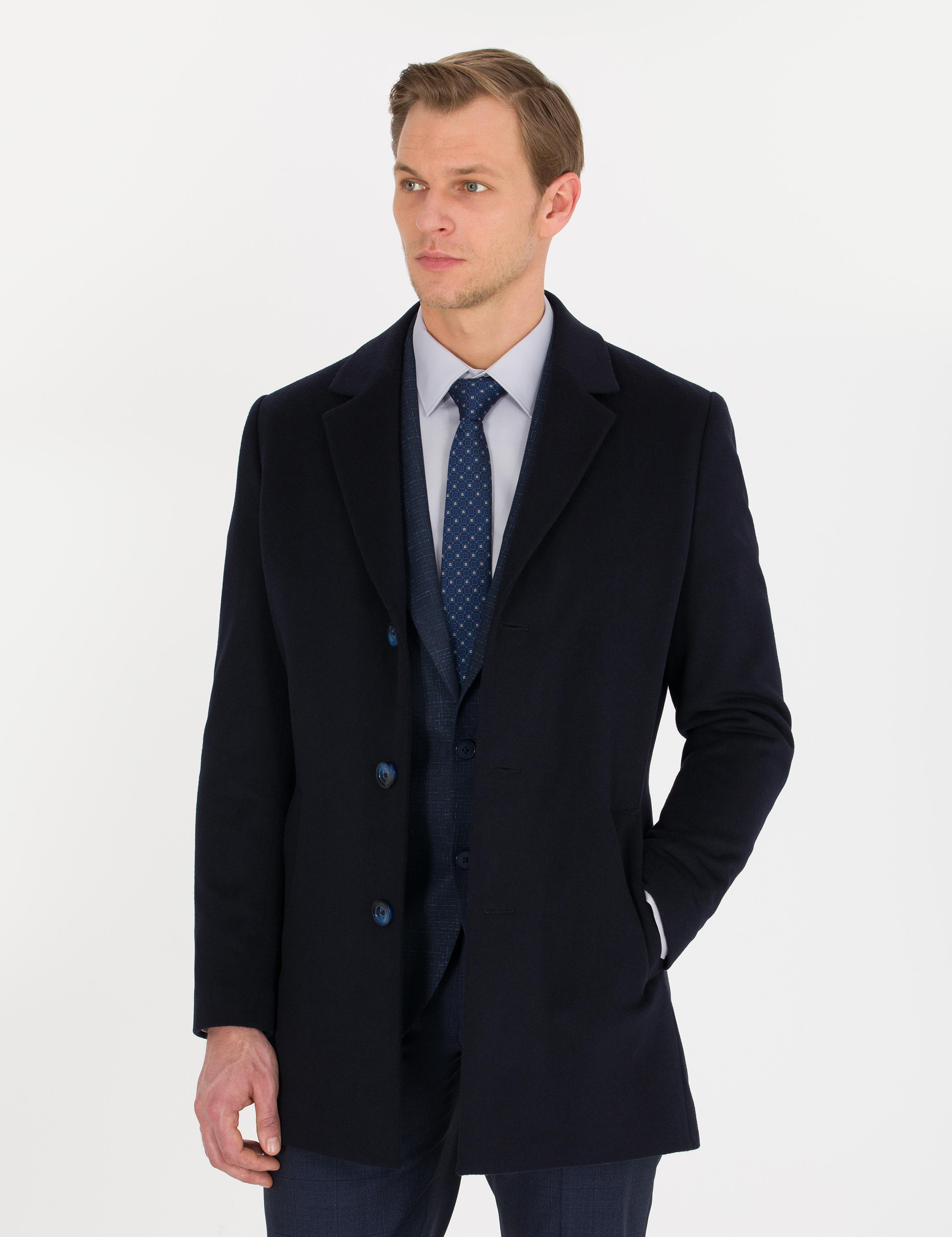 Lacivert Ex. Slim Fit Kaşe Kaban