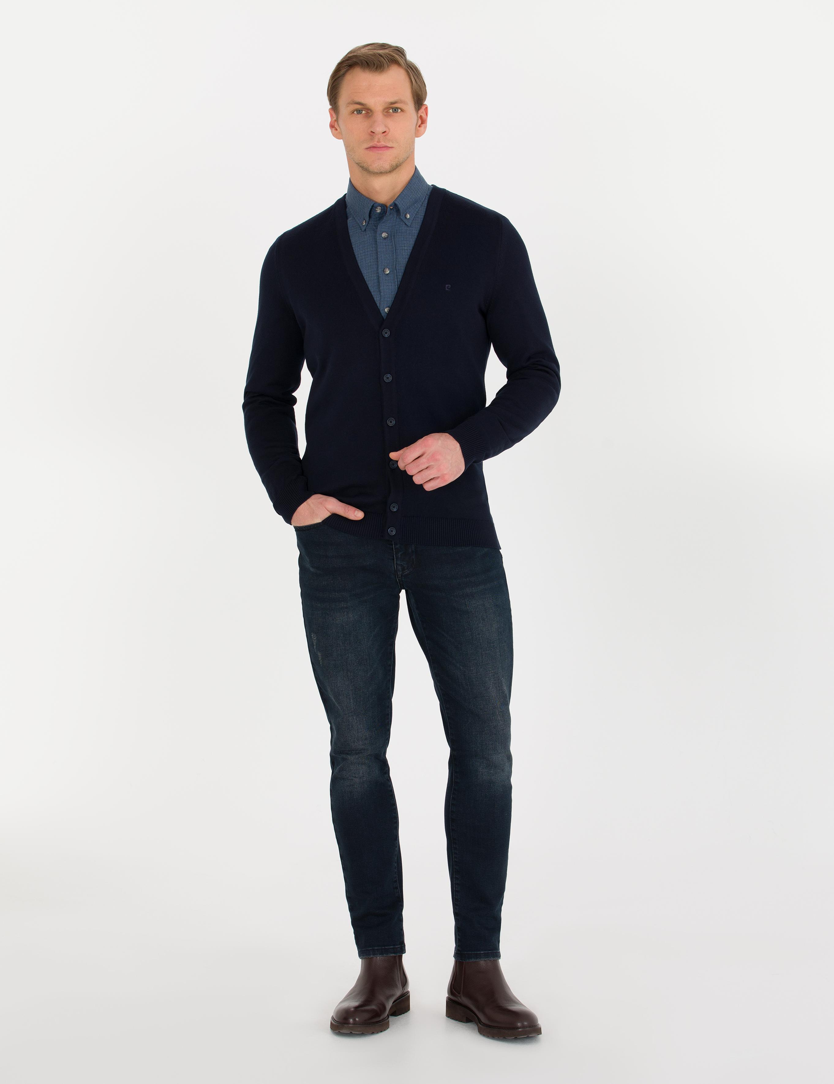 Lacivert Slim Fit Basic Düğmeli Triko Hırka