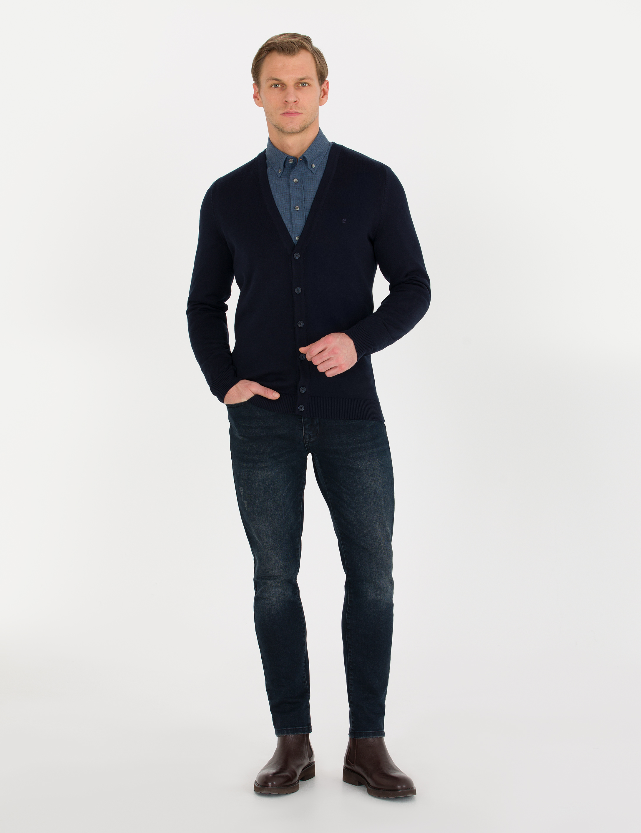 Lacivert Slim Fit Basic Düğmeli Triko Hırka - Image 3