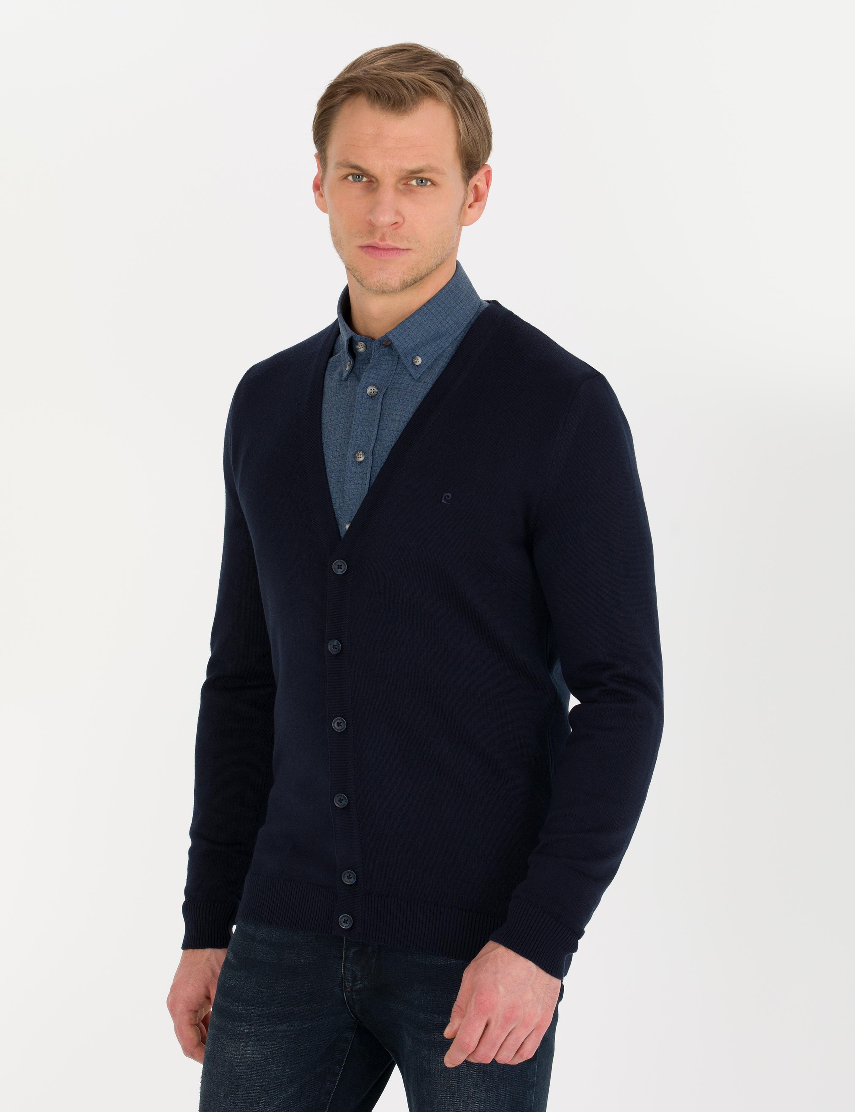 Lacivert Slim Fit Basic Düğmeli Triko Hırka