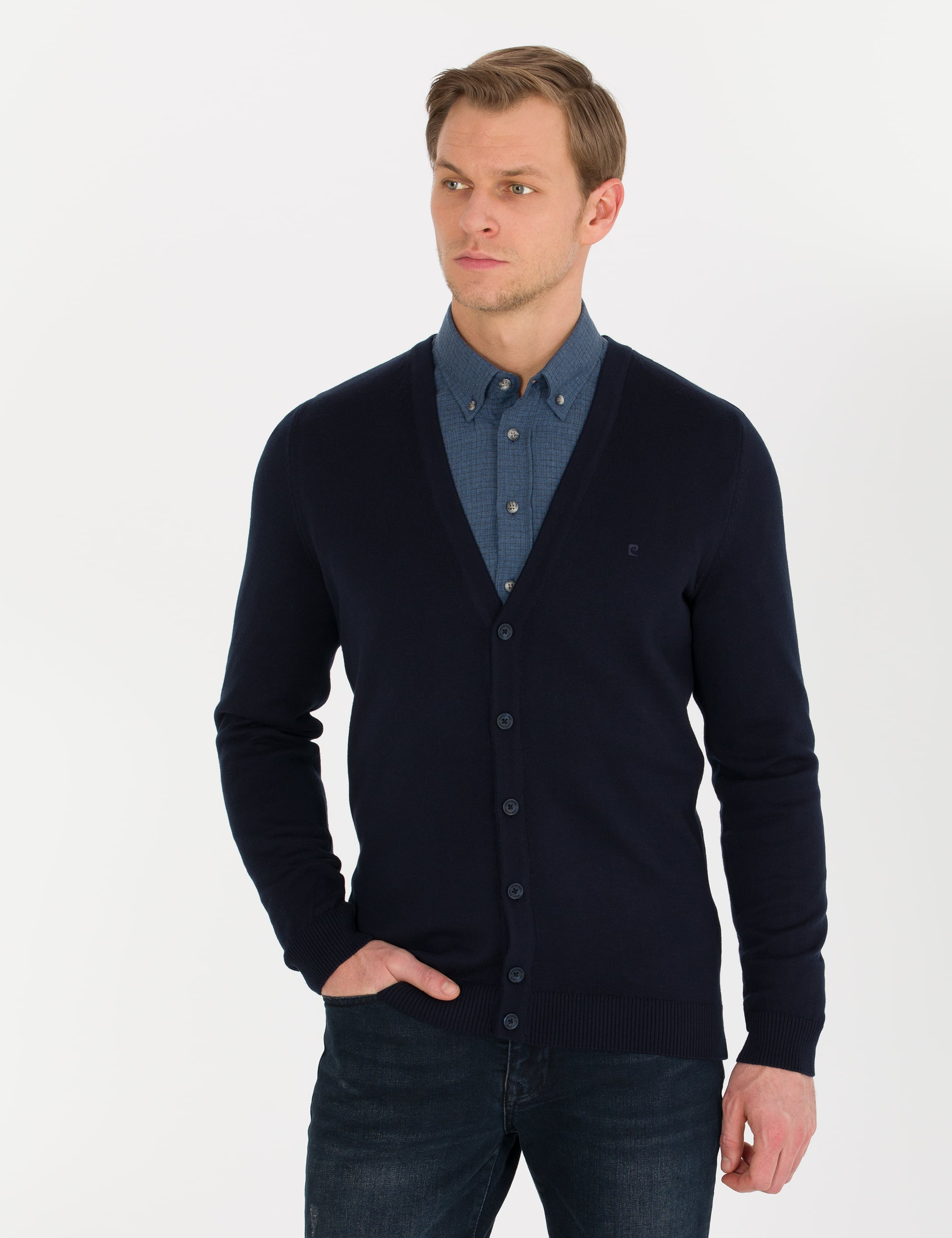 Lacivert Slim Fit Basic Düğmeli Triko Hırka
