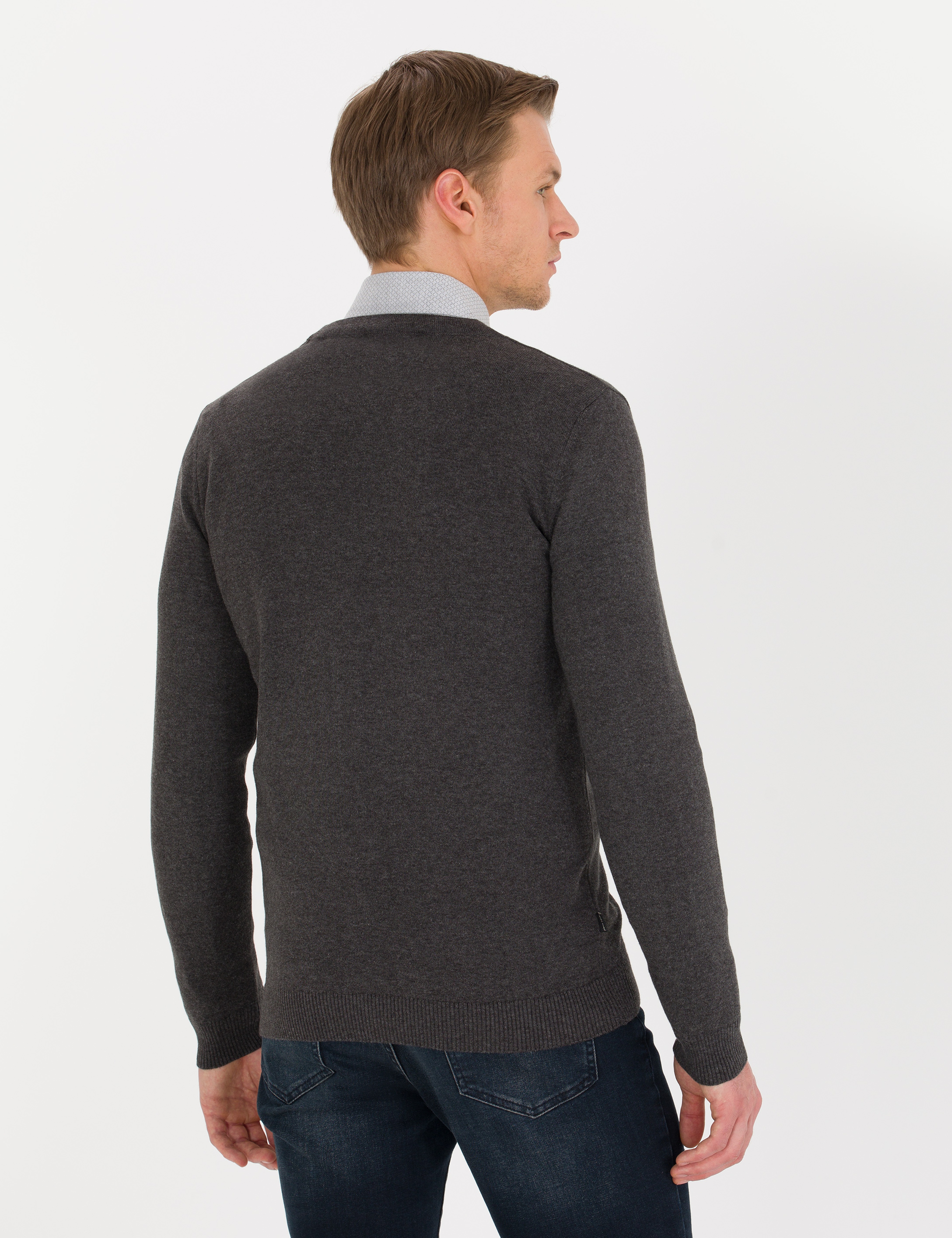 Gri Melanj Slim Fit Basic Düğmeli Triko Hırka - Image 5