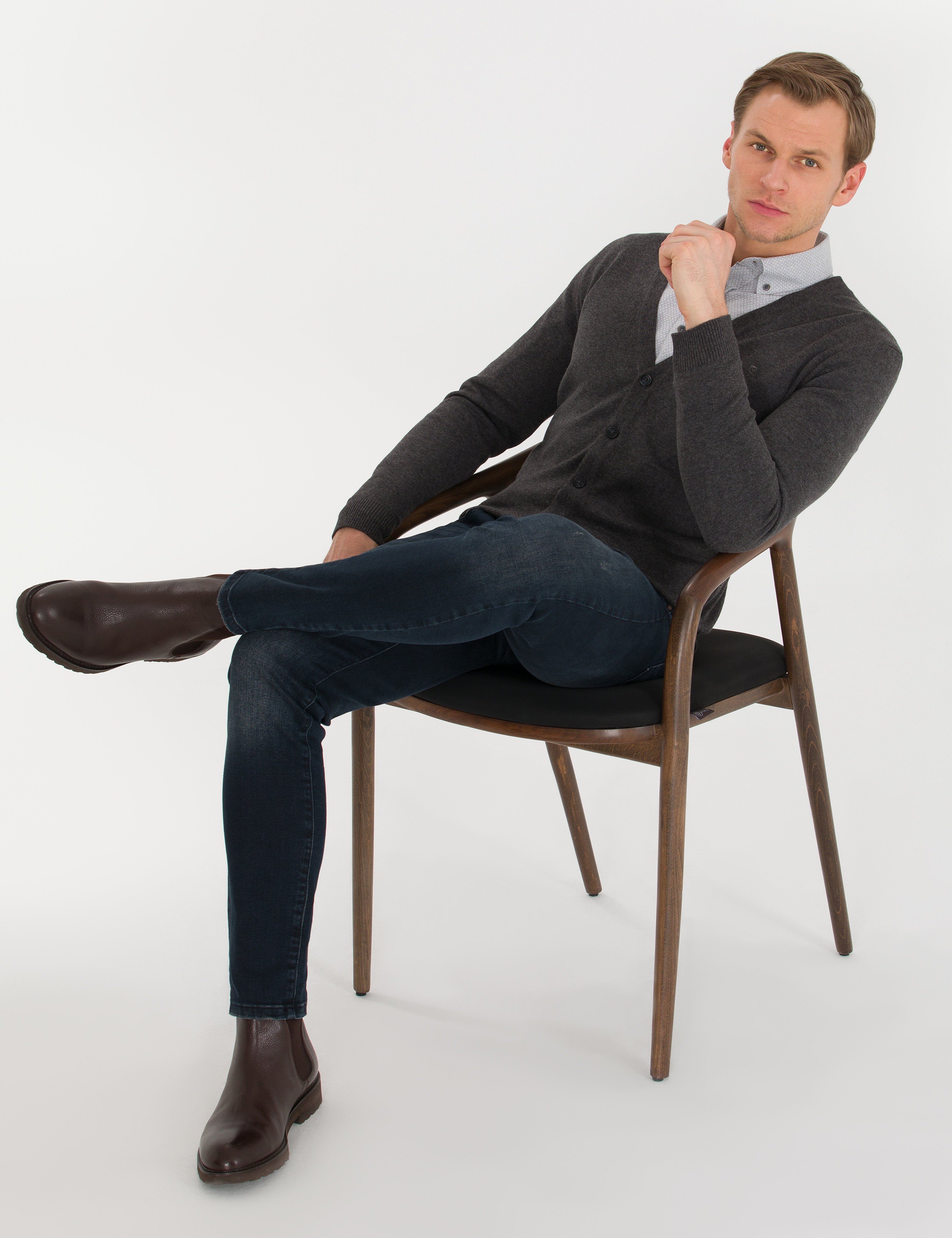 Gri Melanj Slim Fit Basic Düğmeli Triko Hırka - Image 1