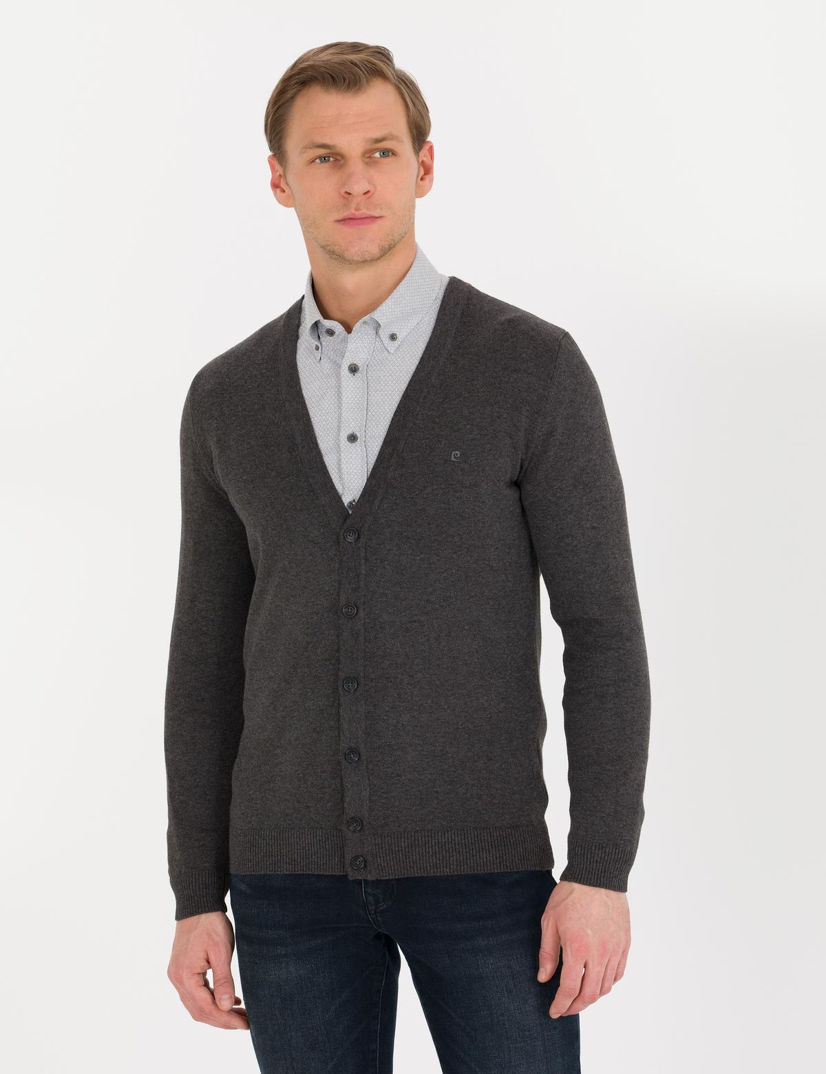 Gri Melanj Slim Fit Basic Triko Hırka - 50259003031