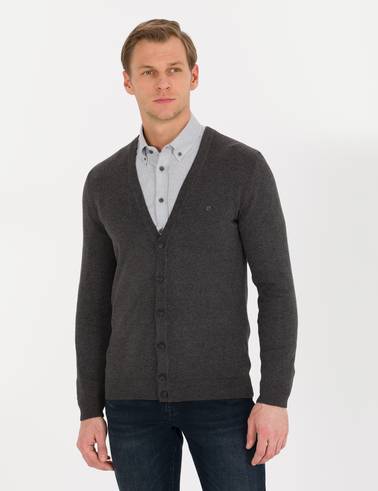 Gri Melanj Slim Fit Basic Triko Hırka